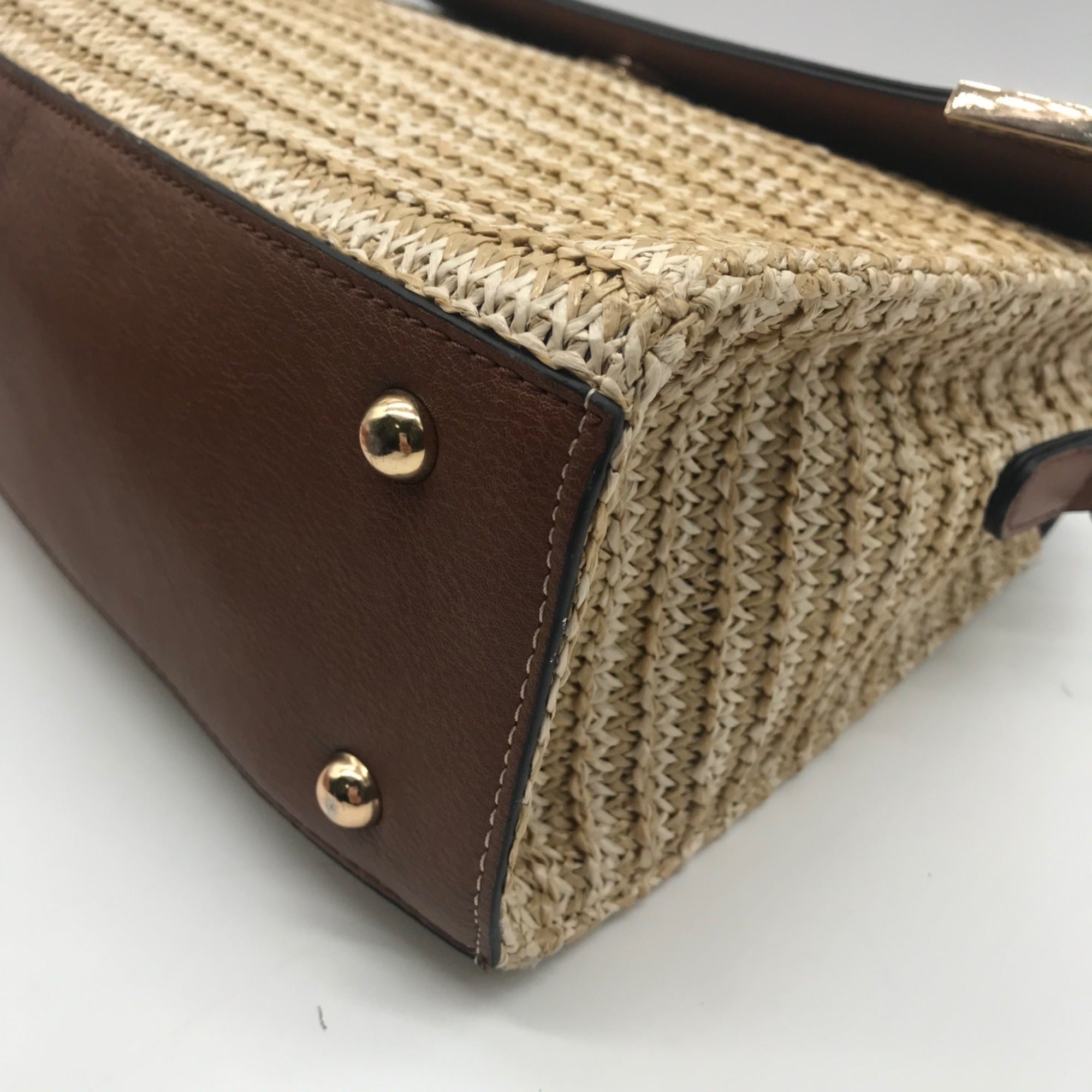 Dune London Chestnut Brown Straw &amp; Vegan Leather Raffia Shoulder Bag