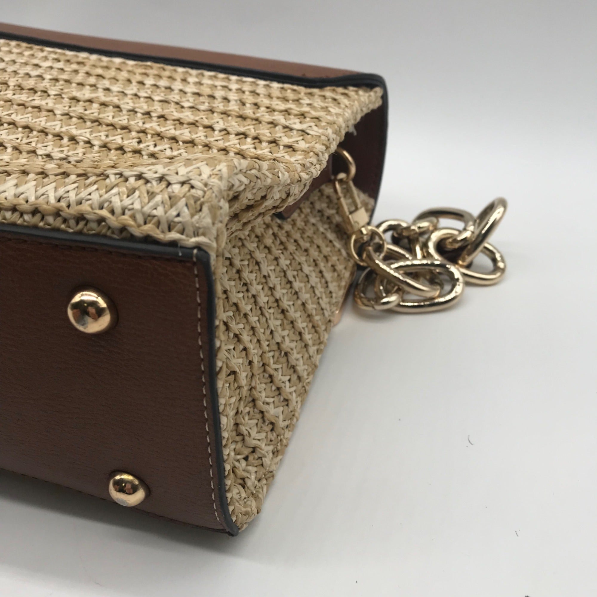 Dune London Chestnut Brown Straw &amp; Vegan Leather Raffia Shoulder Bag