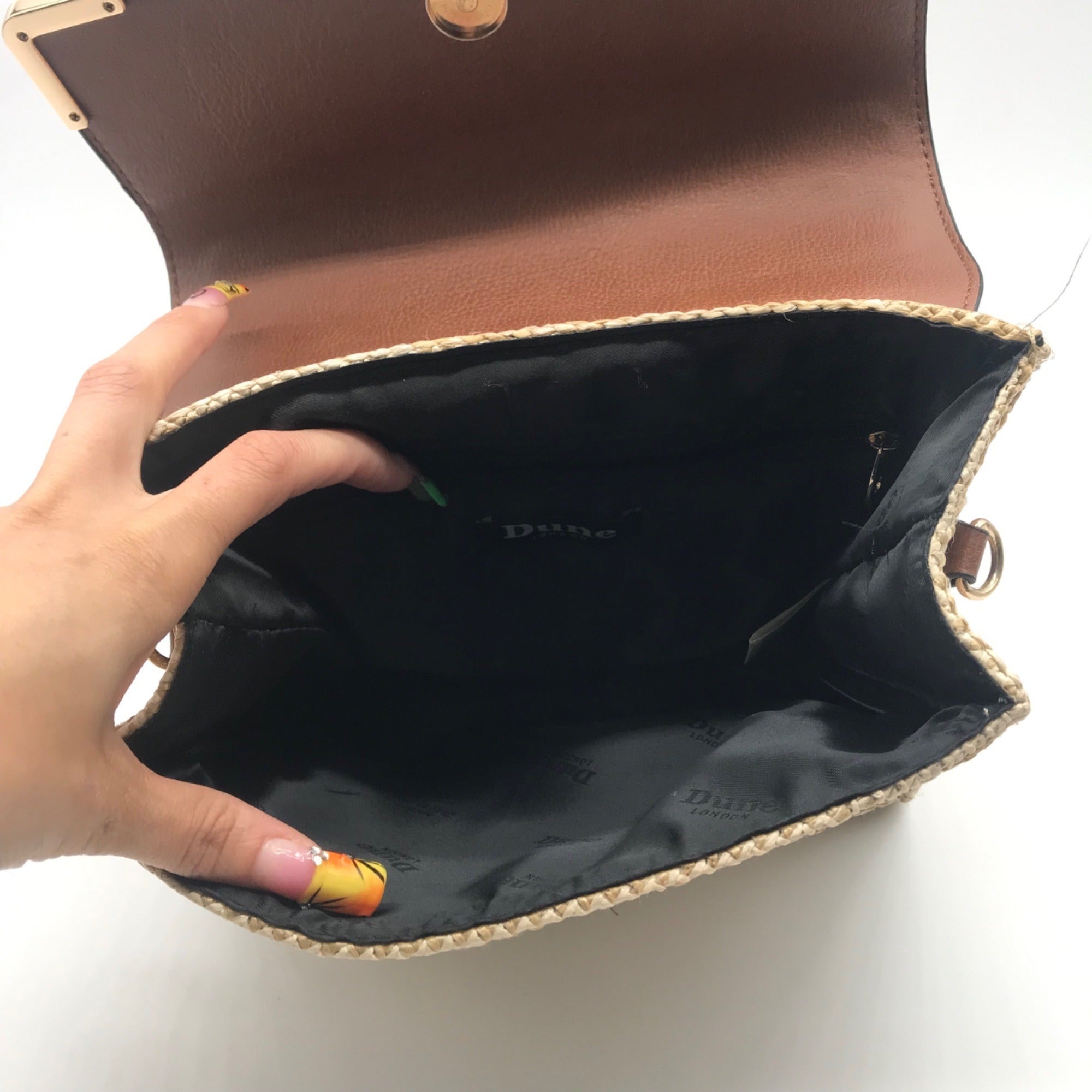 Dune London Chestnut Brown Straw &amp; Vegan Leather Raffia Shoulder Bag