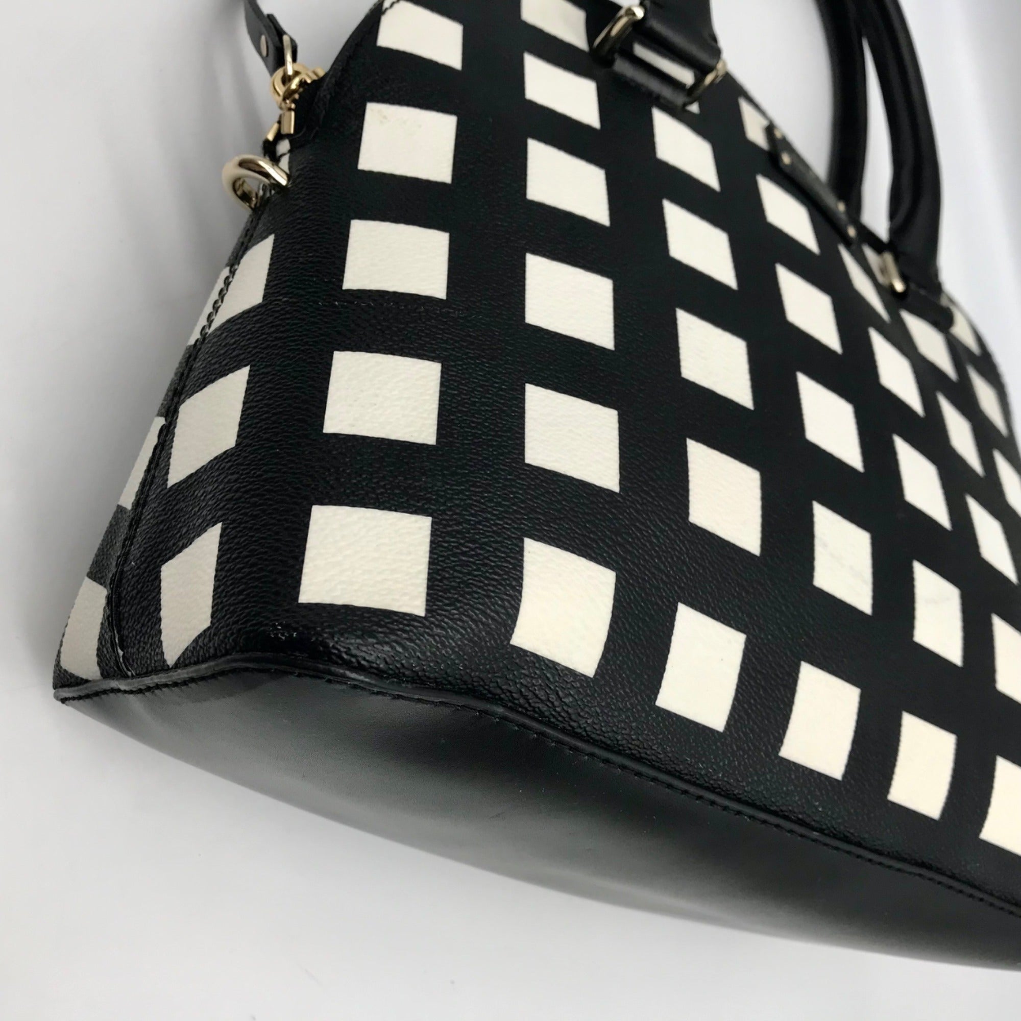Kate Spade Black And White Canvas Checkered Grove Street Domed Satchel Bag