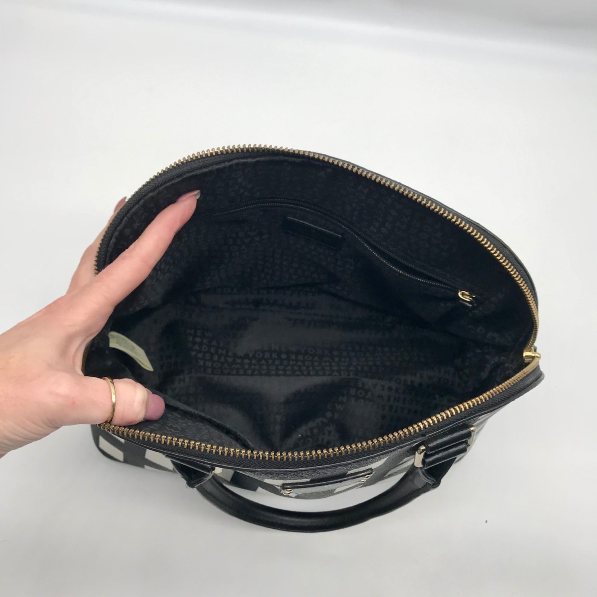 Kate Spade Black And White Canvas Checkered Grove Street Domed Satchel Bag