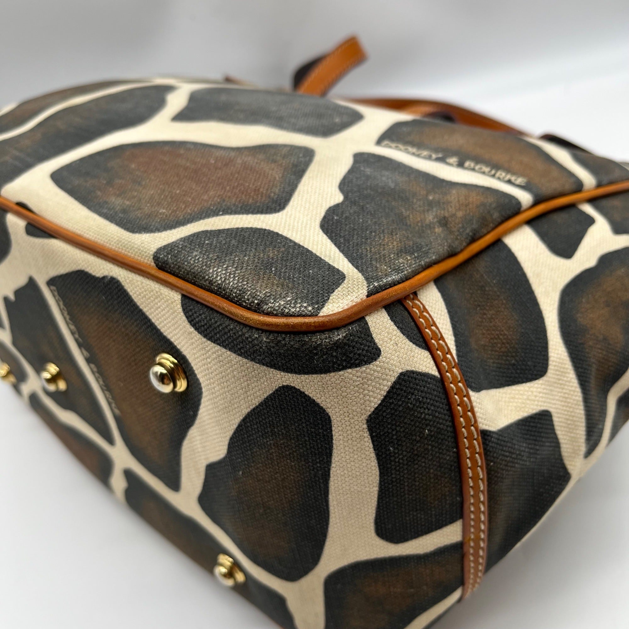Dooney &amp; Bourke Dark Brown &amp; Cream Coated Canvas Giraffe Print Tote Bag