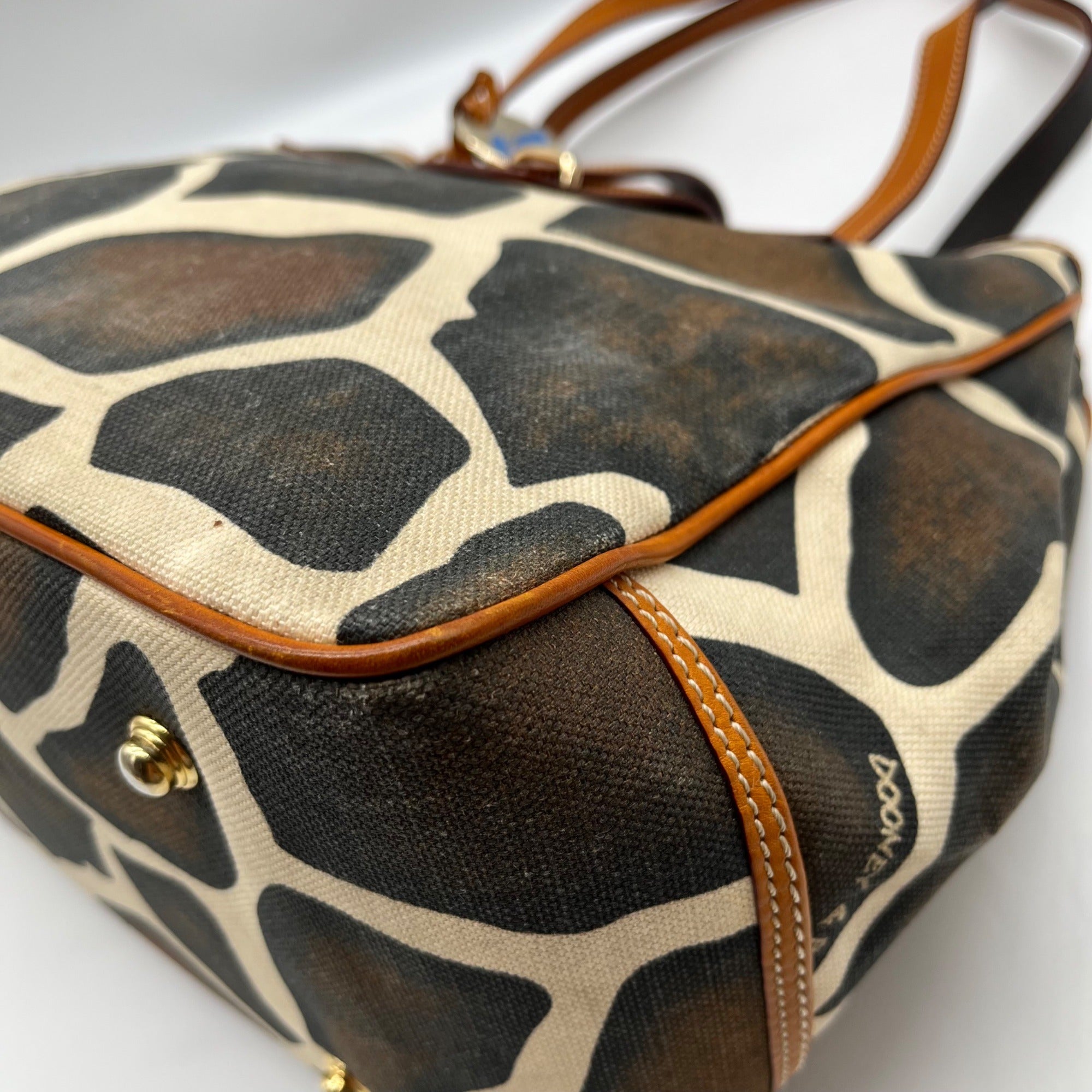 Dooney &amp; Bourke Dark Brown &amp; Cream Coated Canvas Giraffe Print Tote Bag