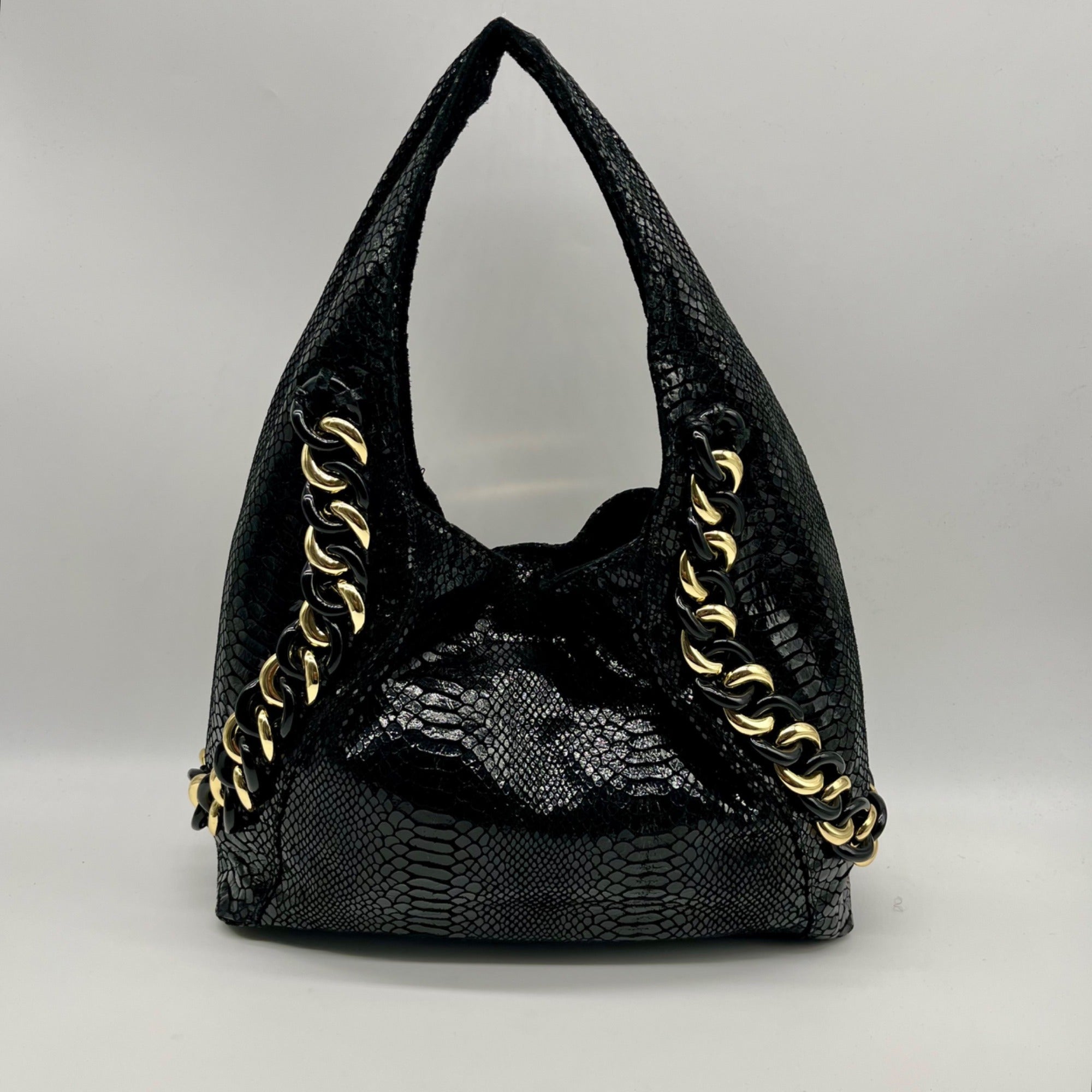 Michael Kors Black Python Embossed Leather Suede ID Chain Hobo Bag