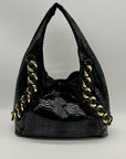Michael Kors Black Python Embossed Leather Suede ID Chain Hobo Bag