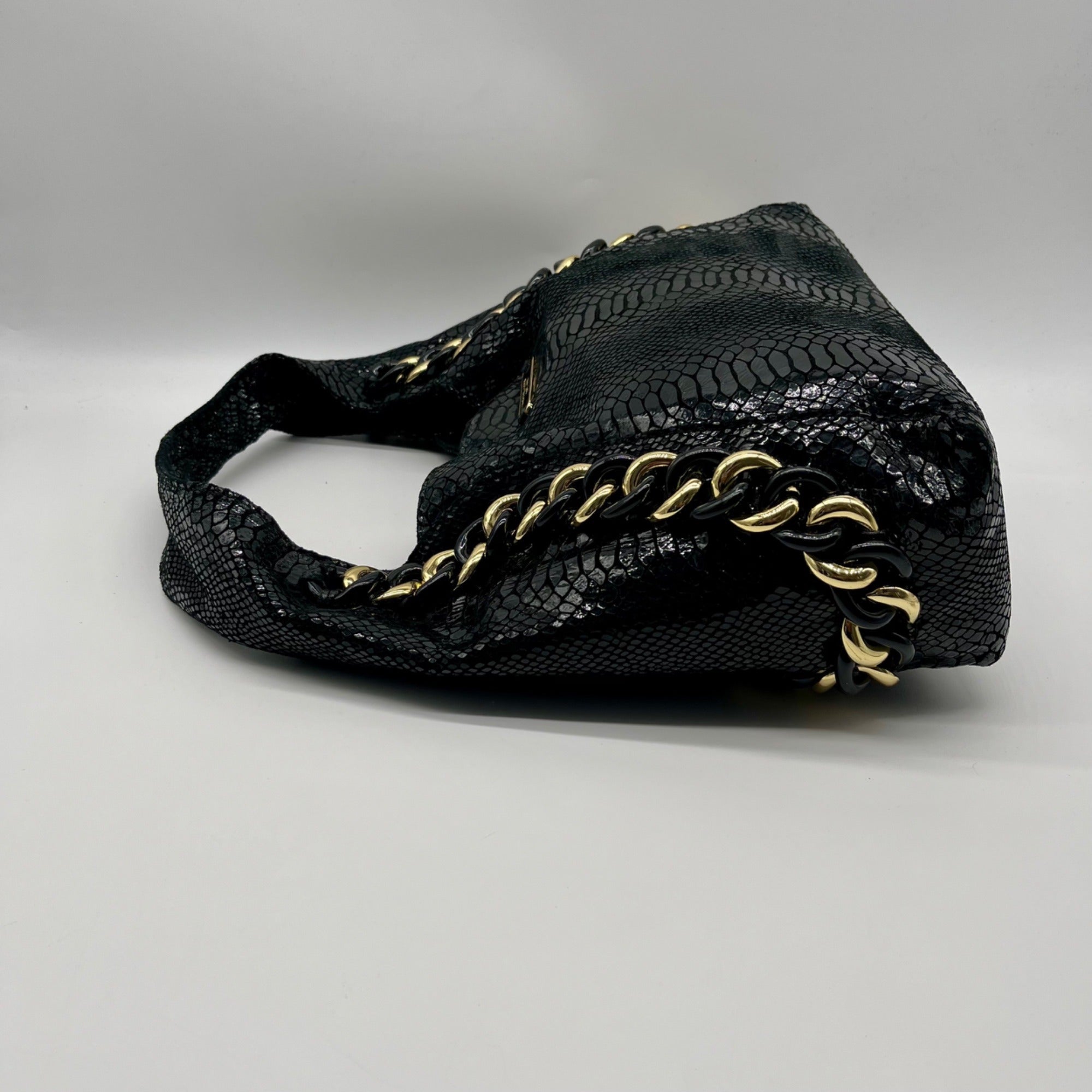 Michael Kors Black Python Embossed Leather Suede ID Chain Hobo Bag
