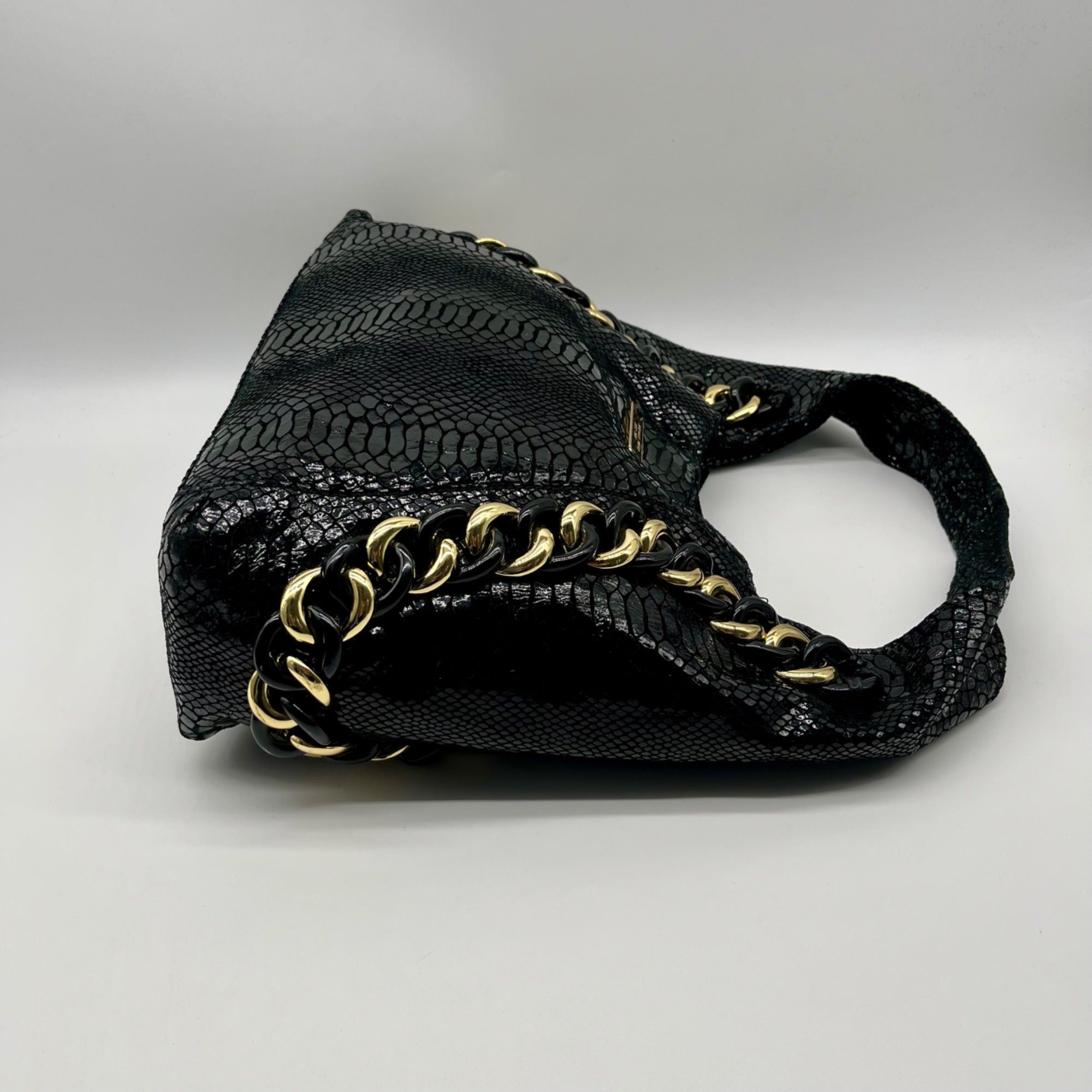 Michael Kors Black Python Embossed Leather Suede ID Chain Hobo Bag