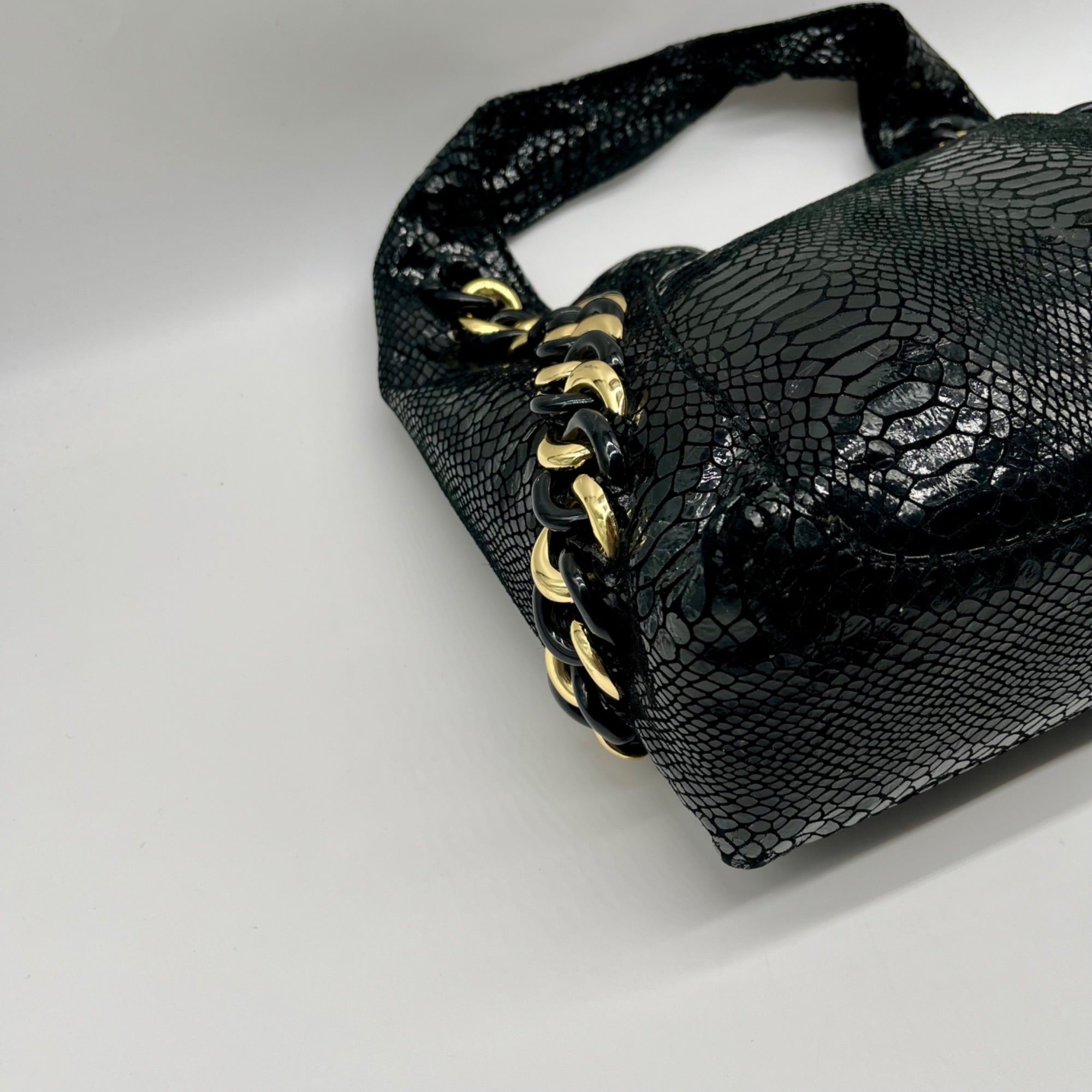 Michael Kors Black Python Embossed Leather Suede ID Chain Hobo Bag