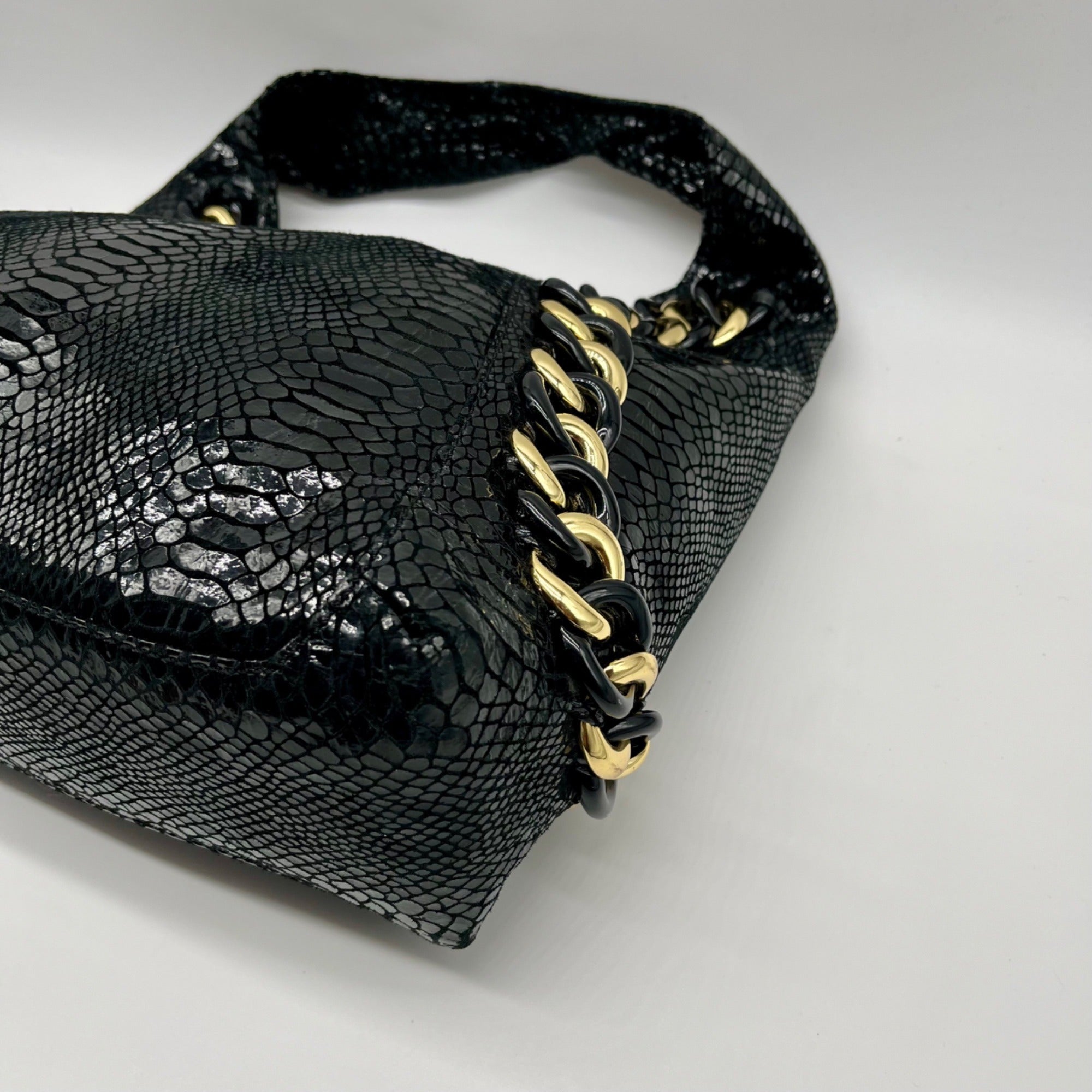 Michael Kors Black Python Embossed Leather Suede ID Chain Hobo Bag