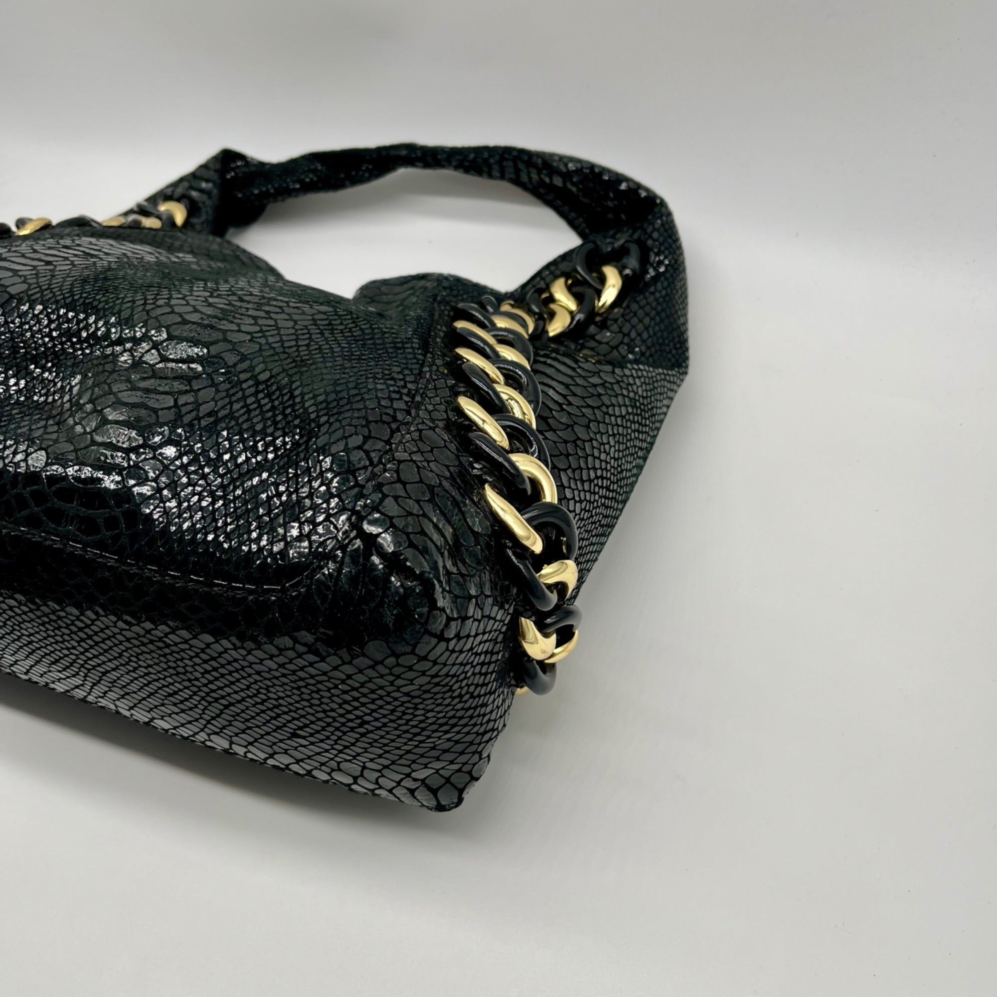 Michael Kors Black Python Embossed Leather Suede ID Chain Hobo Bag