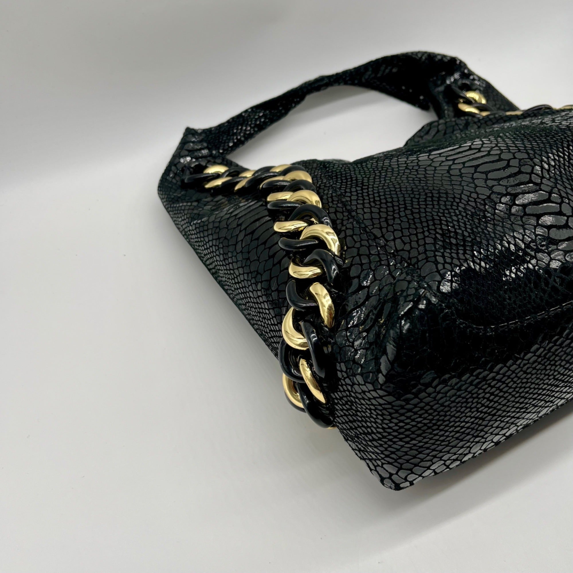 Michael Kors Black Python Embossed Leather Suede ID Chain Hobo Bag