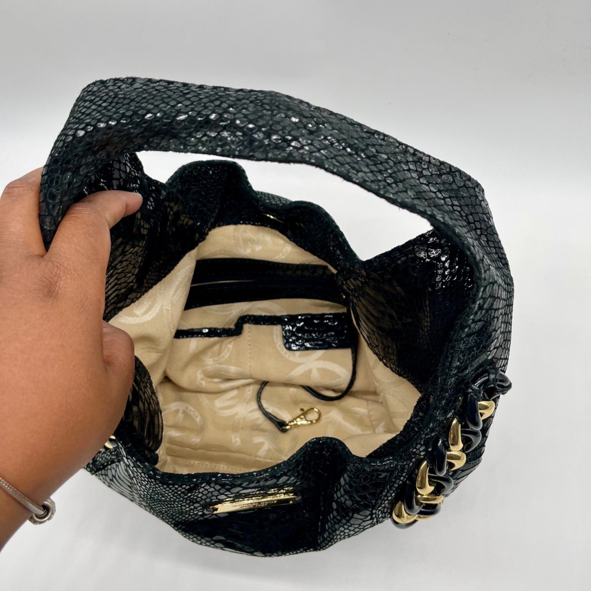 Michael Kors Black Python Embossed Leather Suede ID Chain Hobo Bag