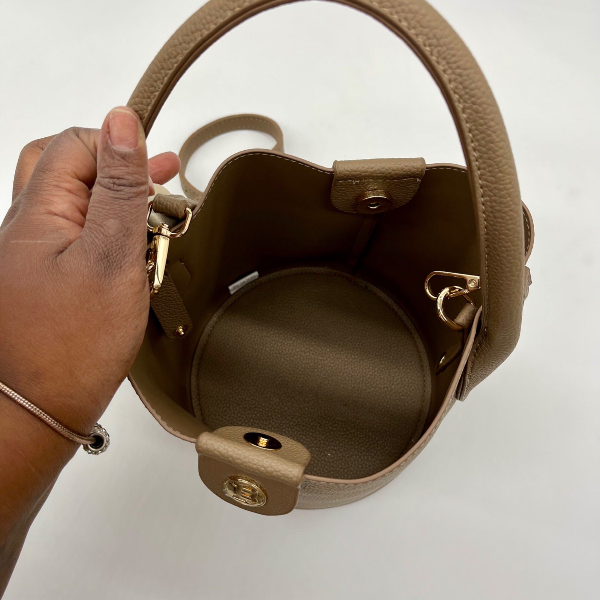 Bostanten Taupe Faux Pebbled Leather Bucket Bag