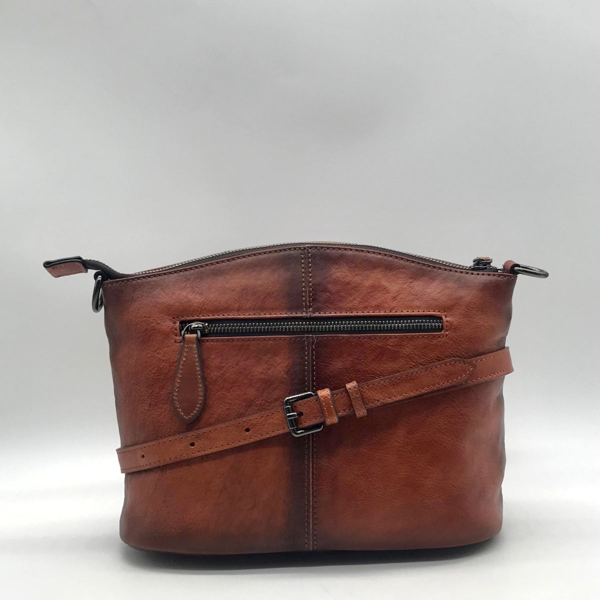 Heshe Brown Leather Multi-Pocket Crossbody Bag