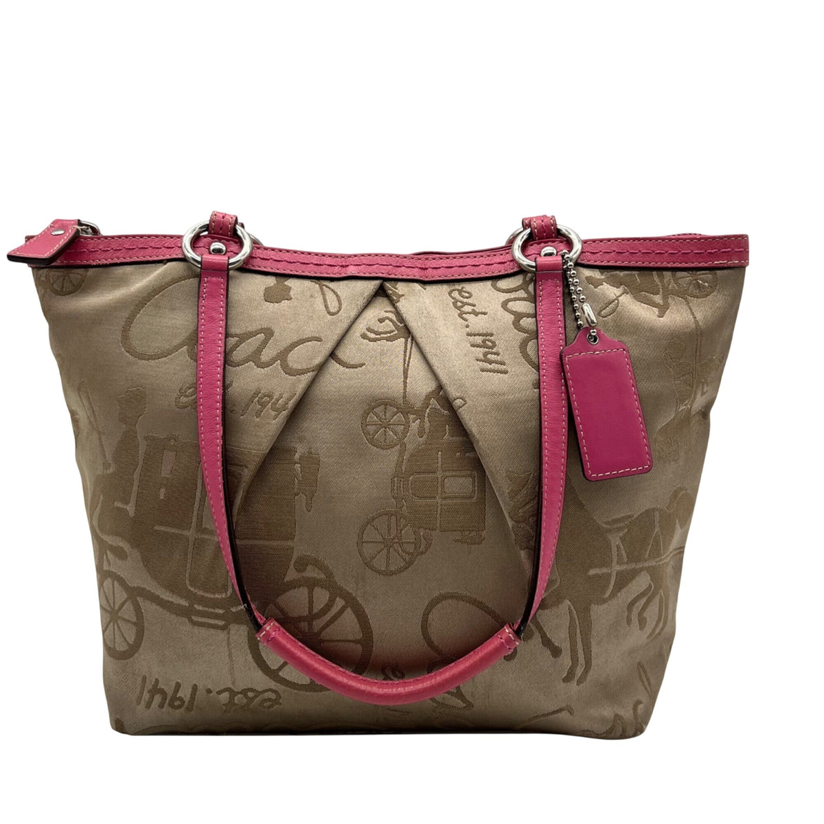 Coach Khaki And Pink Horse &amp; Carriage Canvas Tote F14482