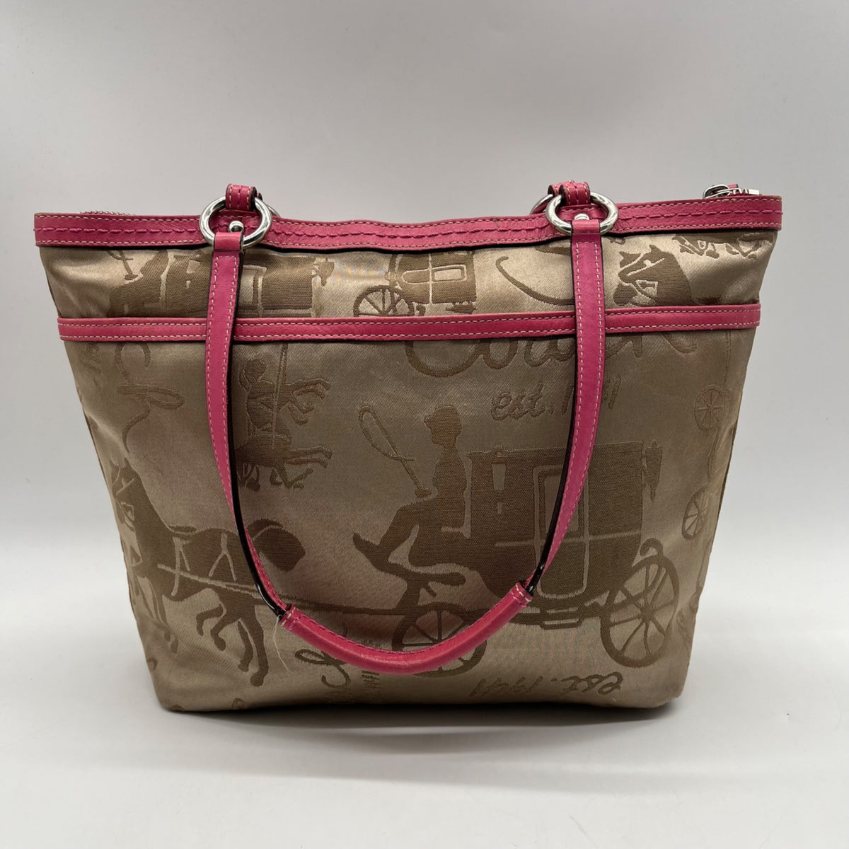 Coach Khaki And Pink Horse &amp; Carriage Canvas Tote F14482