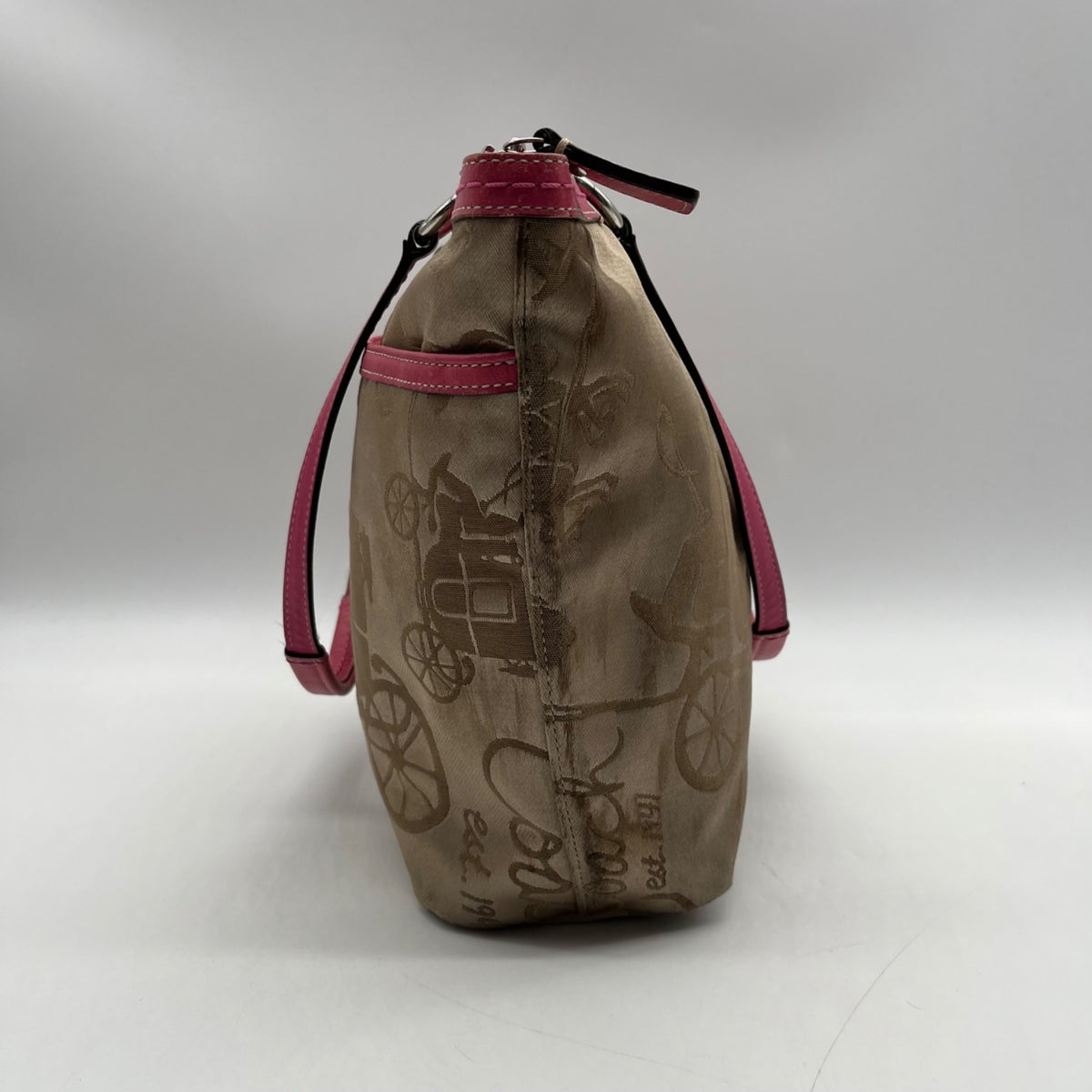Coach Khaki And Pink Horse &amp; Carriage Canvas Tote F14482