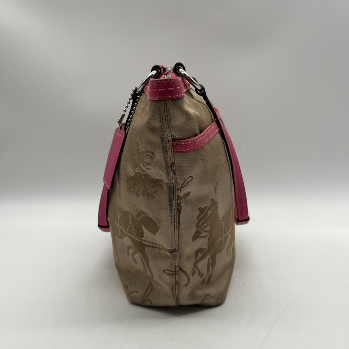 Coach Khaki And Pink Horse &amp; Carriage Canvas Tote F14482