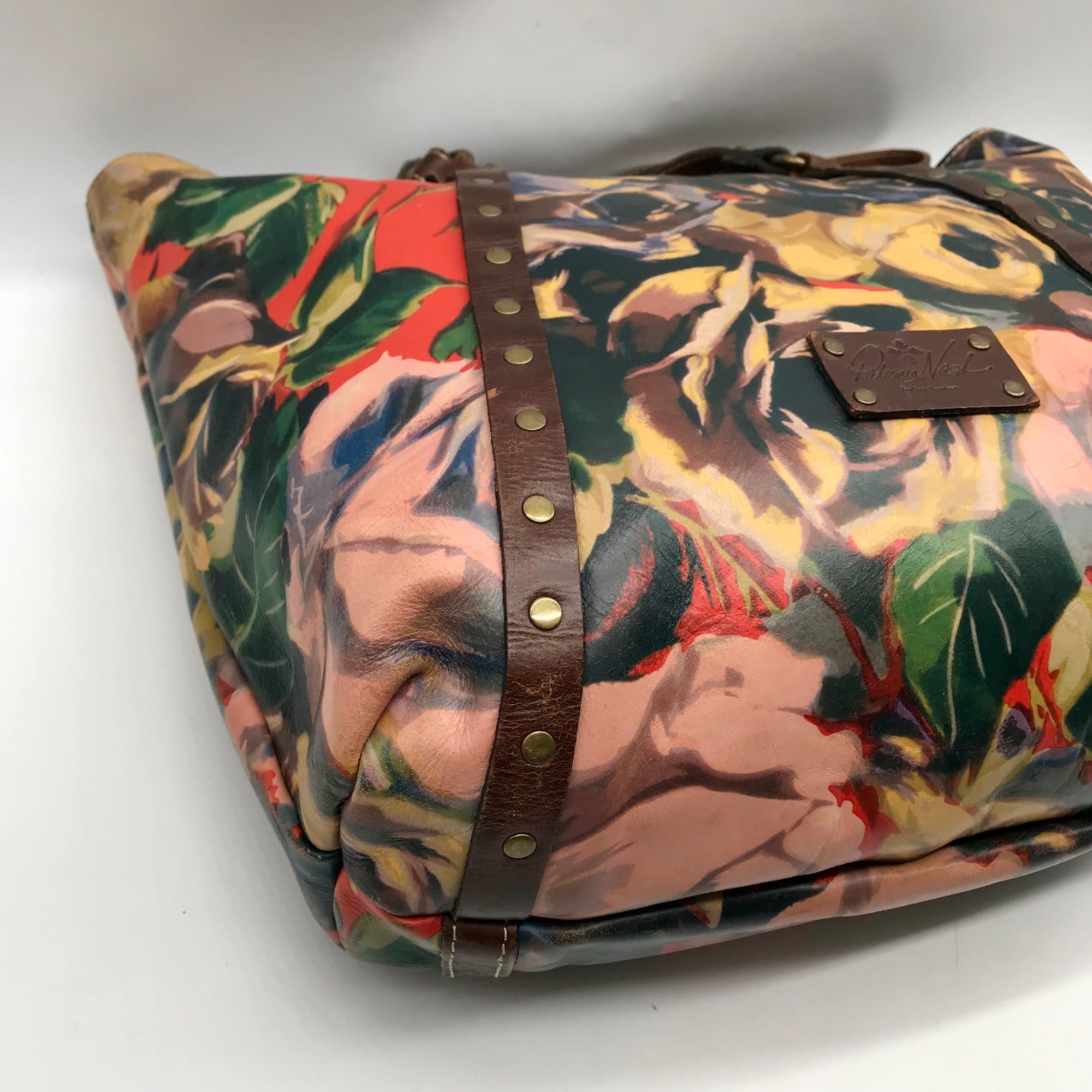 Patricia Nash Brown Leather Winter Bloom Print Benvenuto Tote Bag