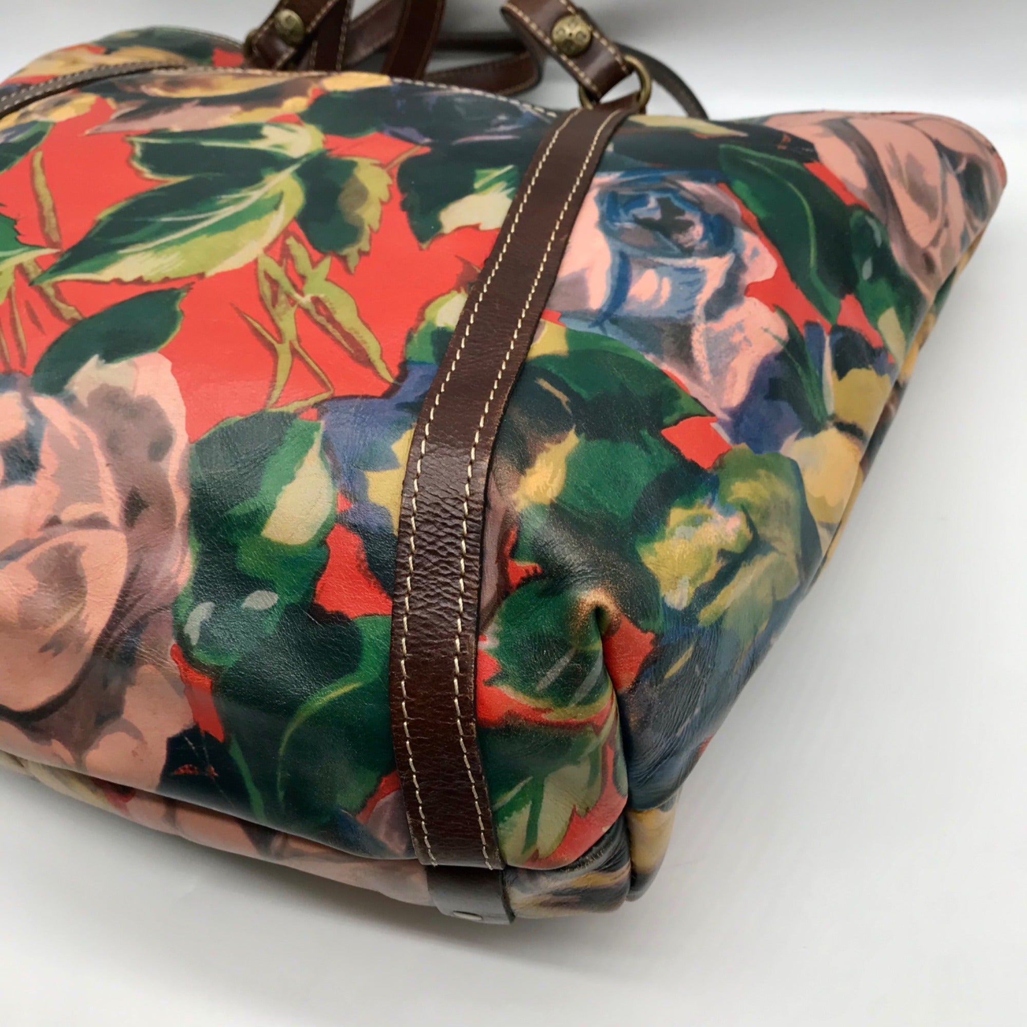 Patricia Nash Brown Leather Winter Bloom Print Benvenuto Tote Bag