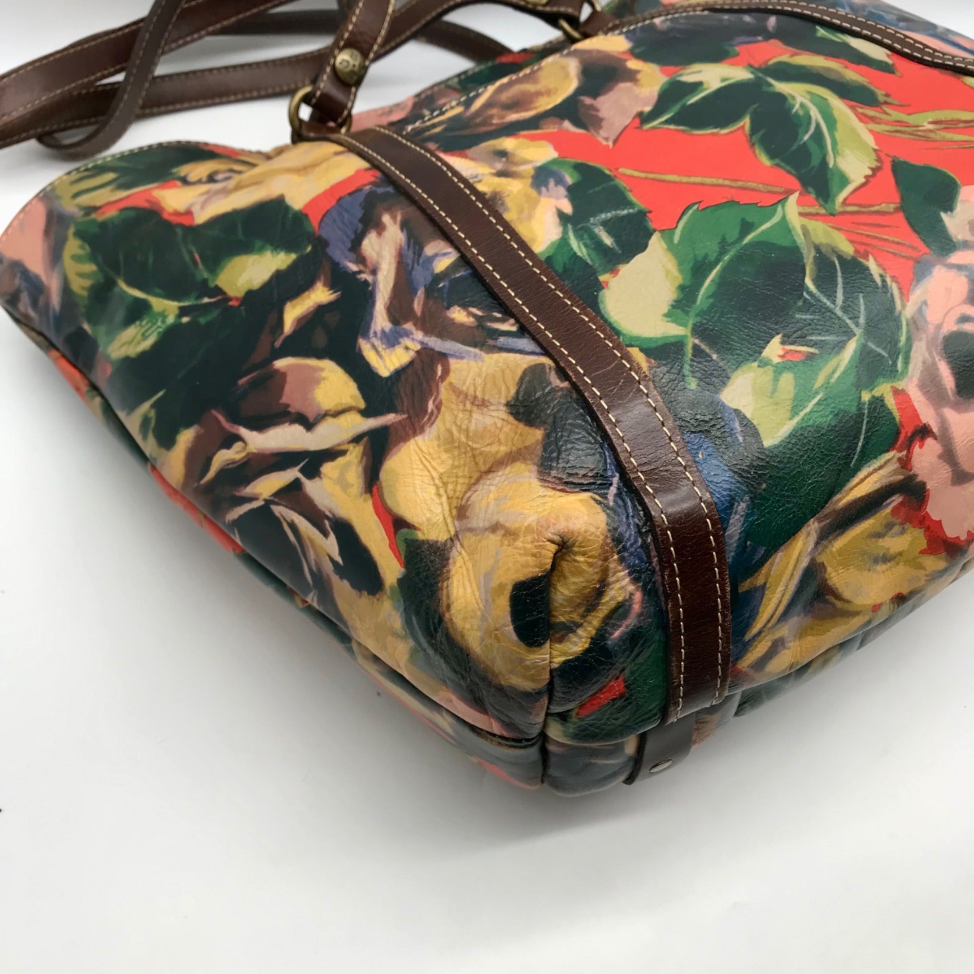 Patricia Nash Brown Leather Winter Bloom Print Benvenuto Tote Bag