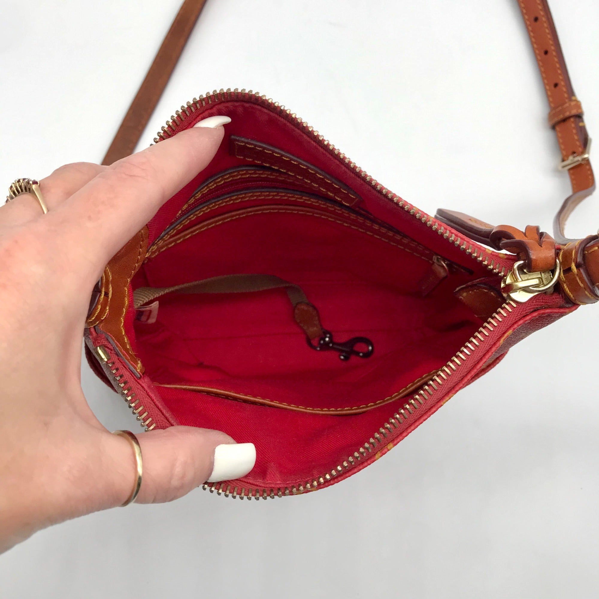 Dooney &amp; Bourke Red &amp; Tan Leather Gretta Letter Carrier Crossbody Bag