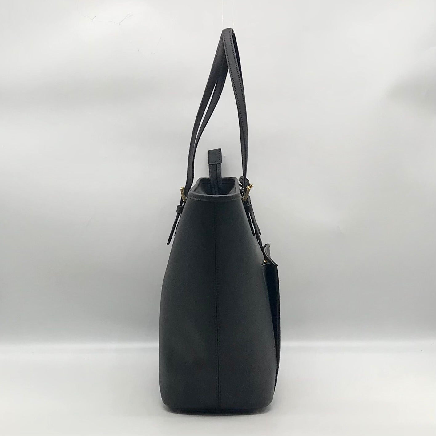 Michael Kors Black Saffiano Leather Large Jet Set Snap Pocket Tote Bag