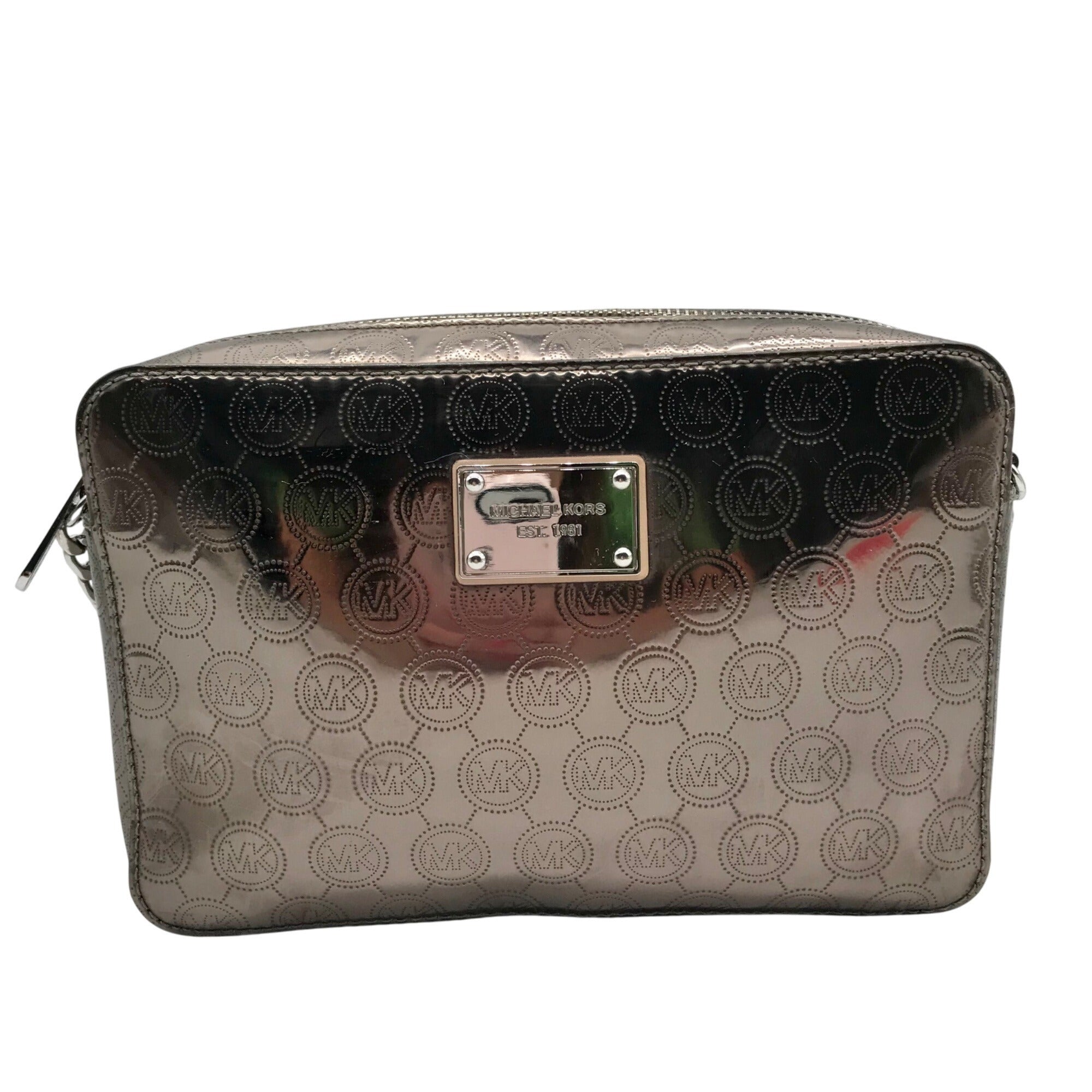 Michael Kors Metallic Gray Monogram Patent Leather Jet Set Crossbody