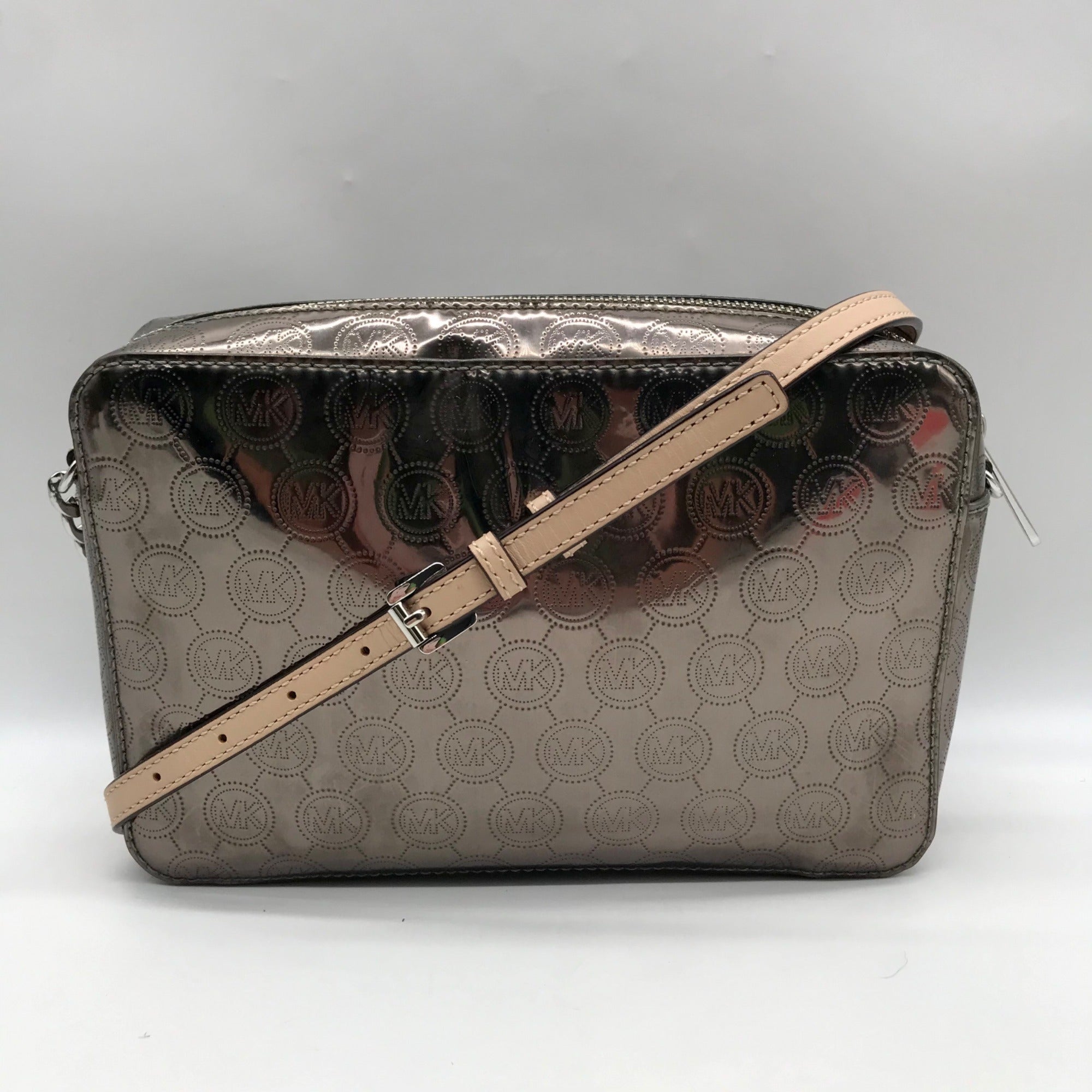 Michael Kors Metallic Gray Monogram Patent Leather Jet Set Crossbody