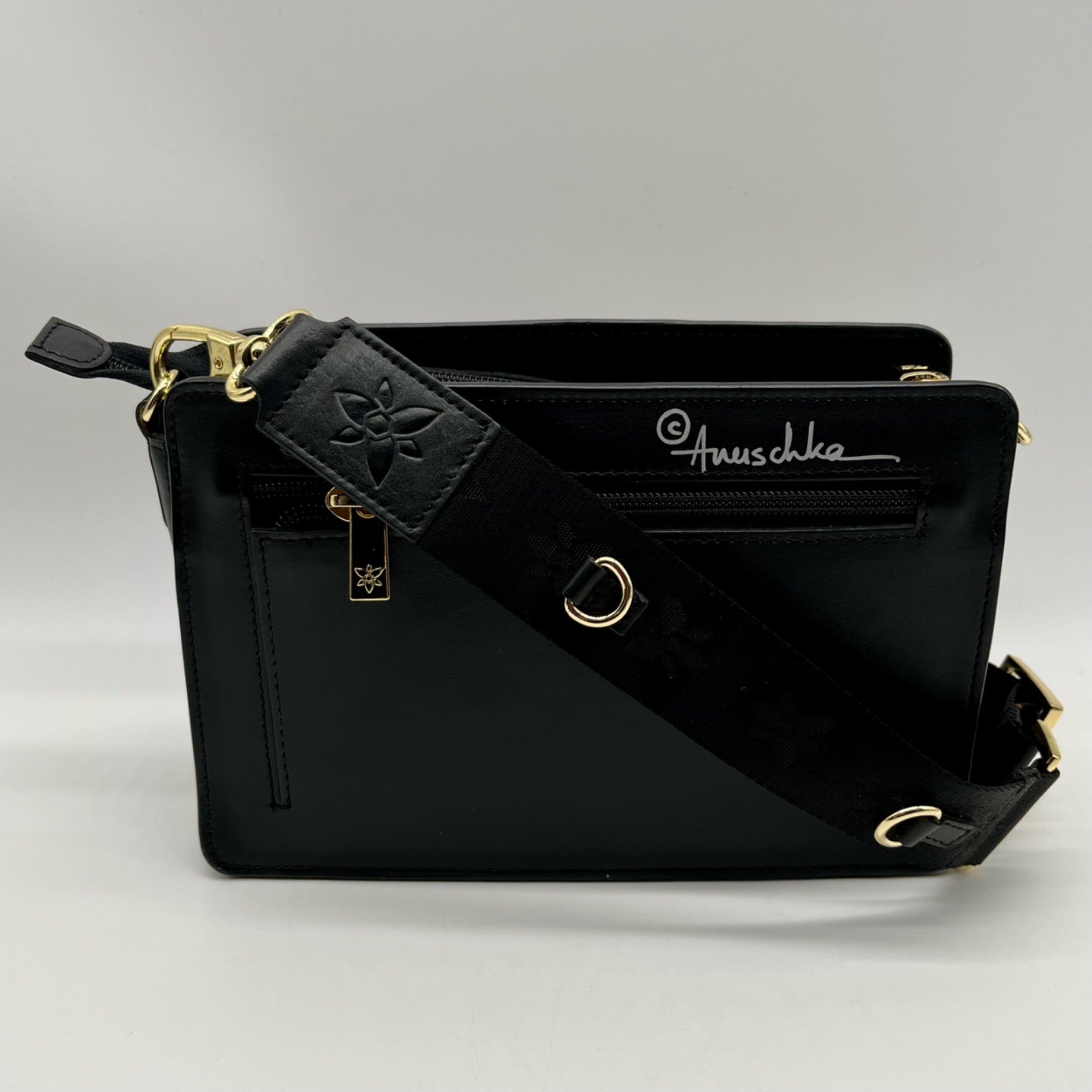 Anuschka Hand-Painted Leather Black Floral and Cheetah Design Crossbody