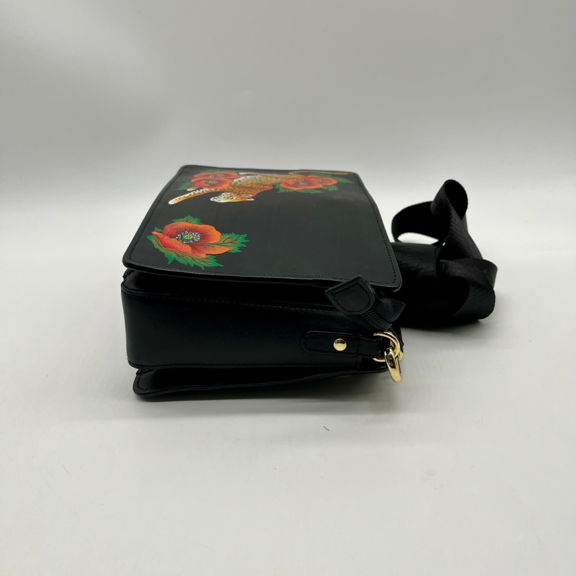 Anuschka Hand-Painted Leather Black Floral and Cheetah Design Crossbody