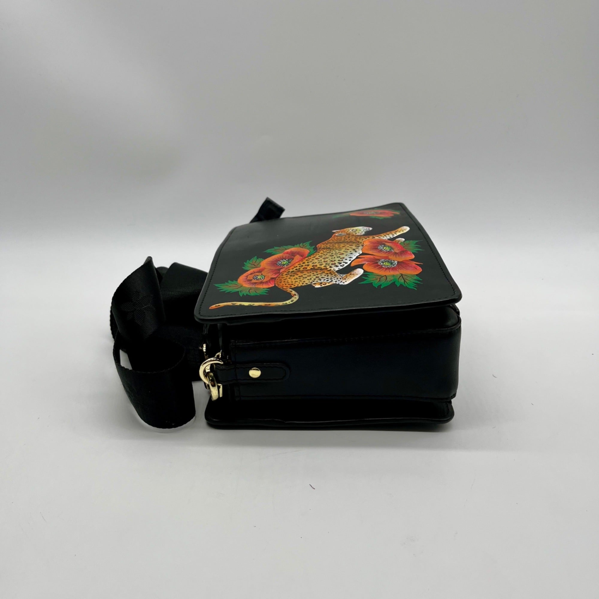 Anuschka Hand-Painted Leather Black Floral and Cheetah Design Crossbody