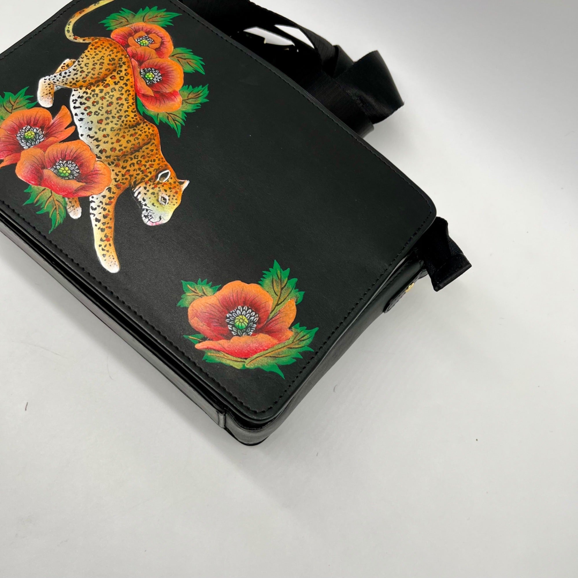 Anuschka Hand-Painted Leather Black Floral and Cheetah Design Crossbody