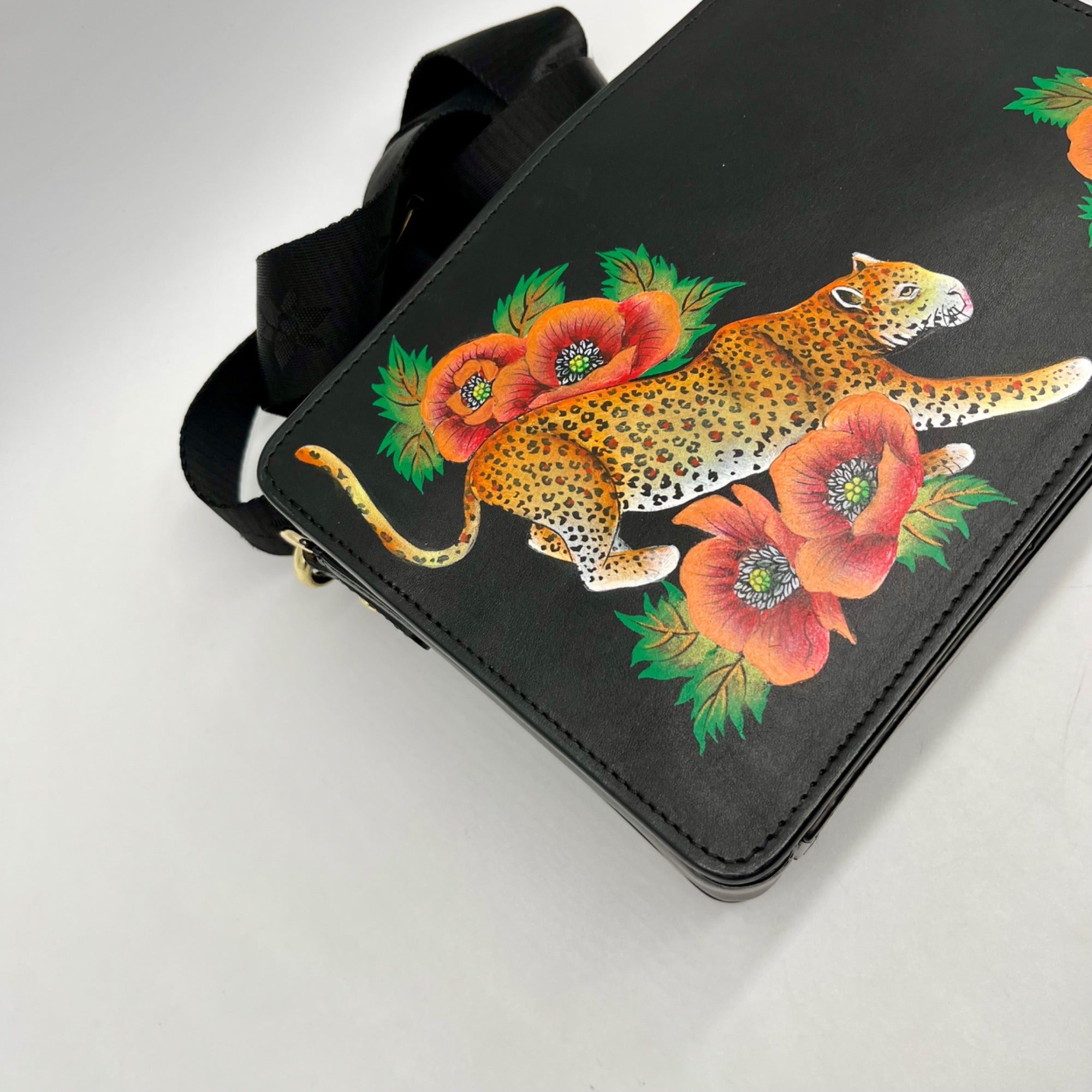 Anuschka Hand-Painted Leather Black Floral and Cheetah Design Crossbody
