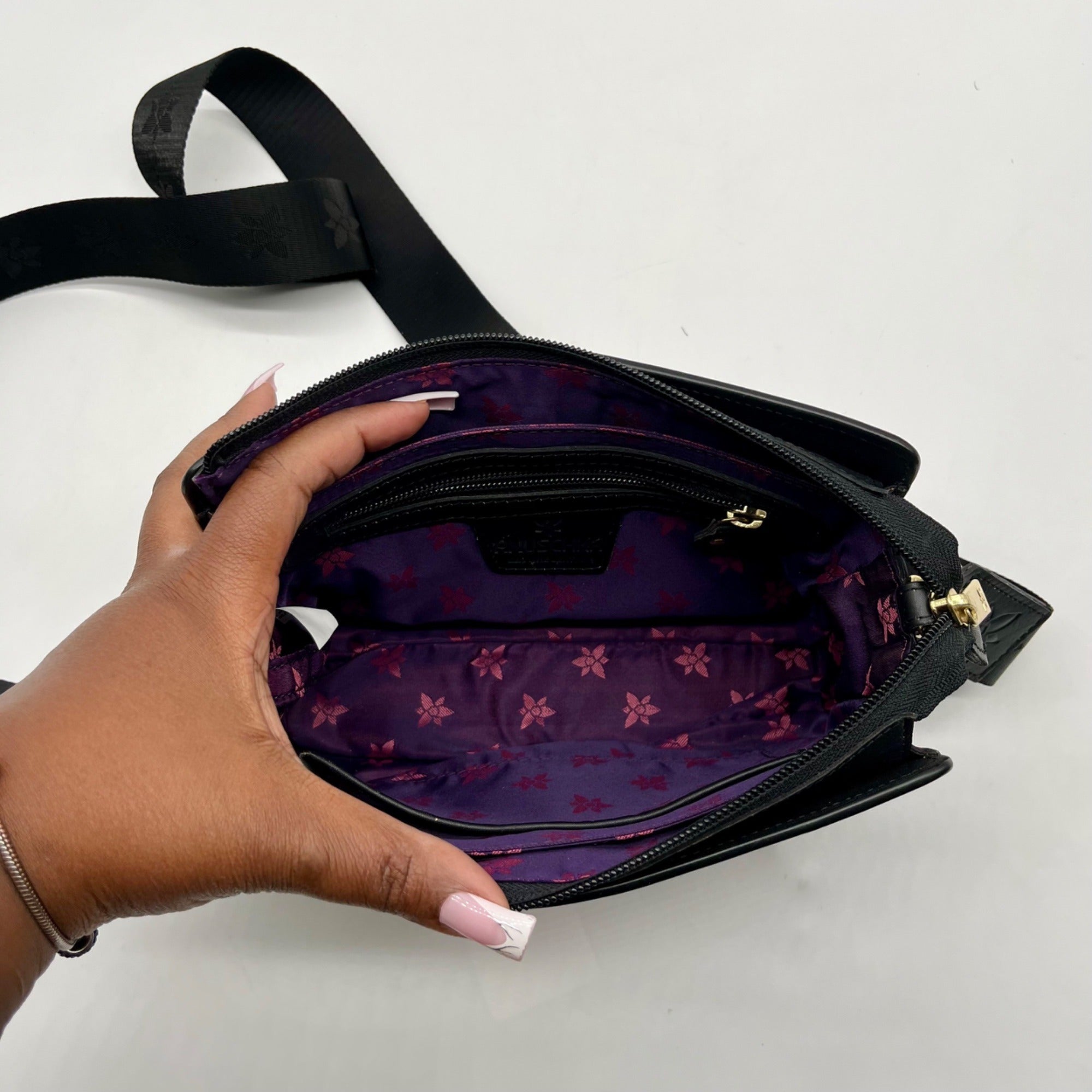 Anuschka Hand-Painted Leather Black Floral and Cheetah Design Crossbody