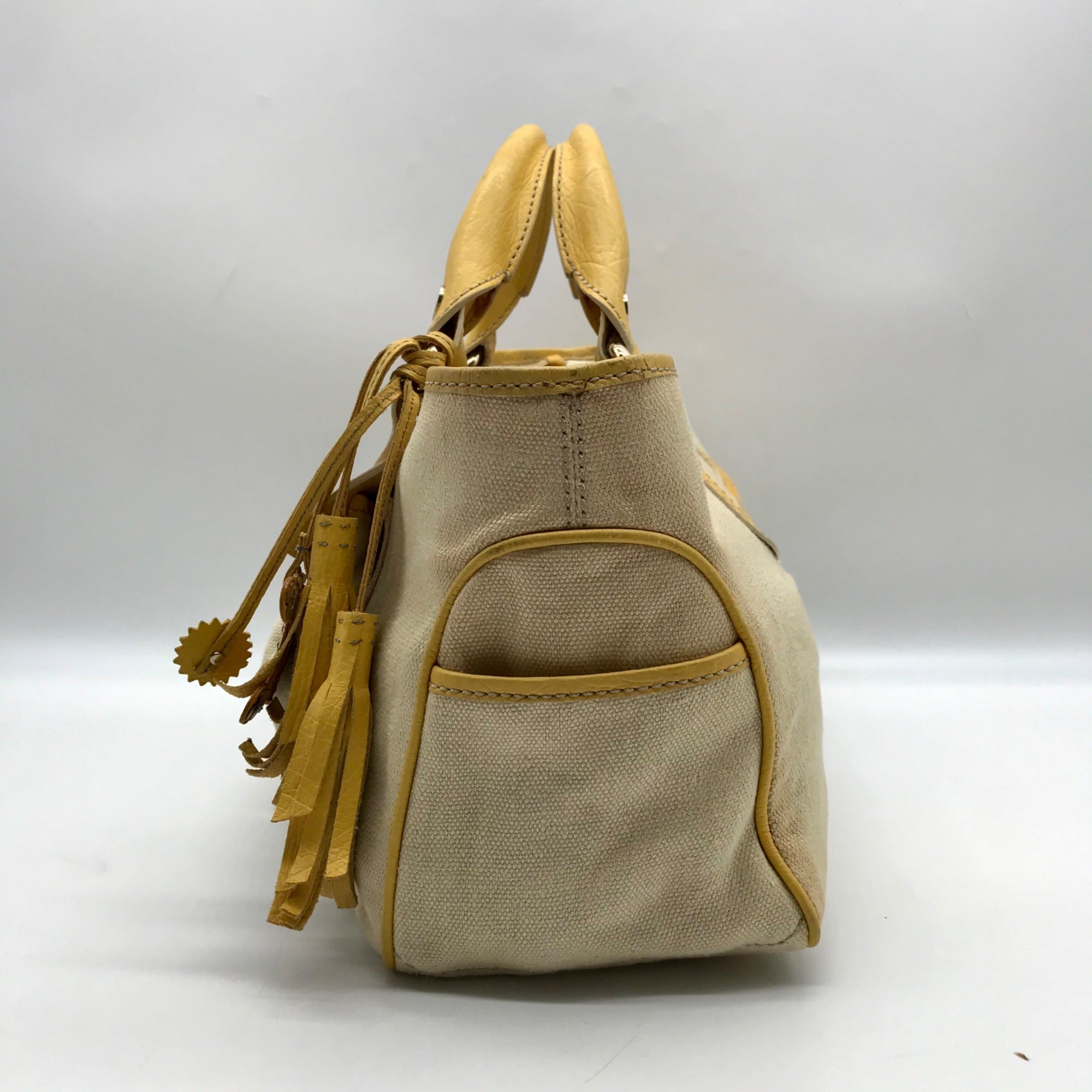 Celine Beige And Yellow Canvas Boogie Satchel Bag