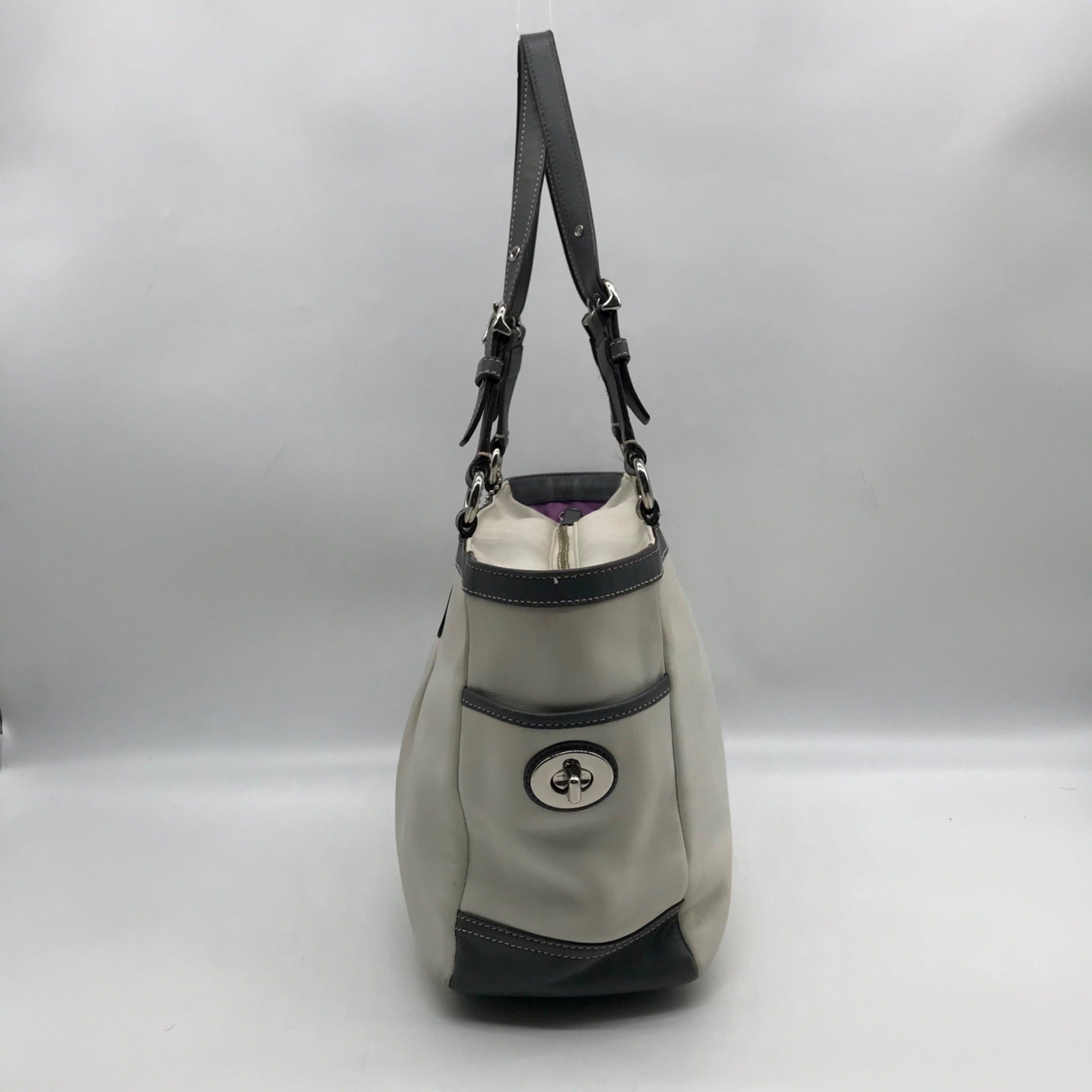 Coach Off White &amp; Grey Pleated Leather Gallery Tote Bag F13759