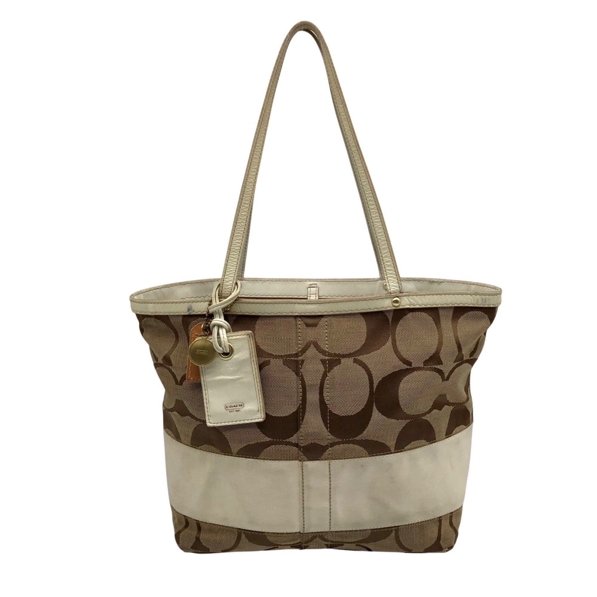 Coach Signature Jacquard Khaki &amp; Brown Stripe Tote 10124