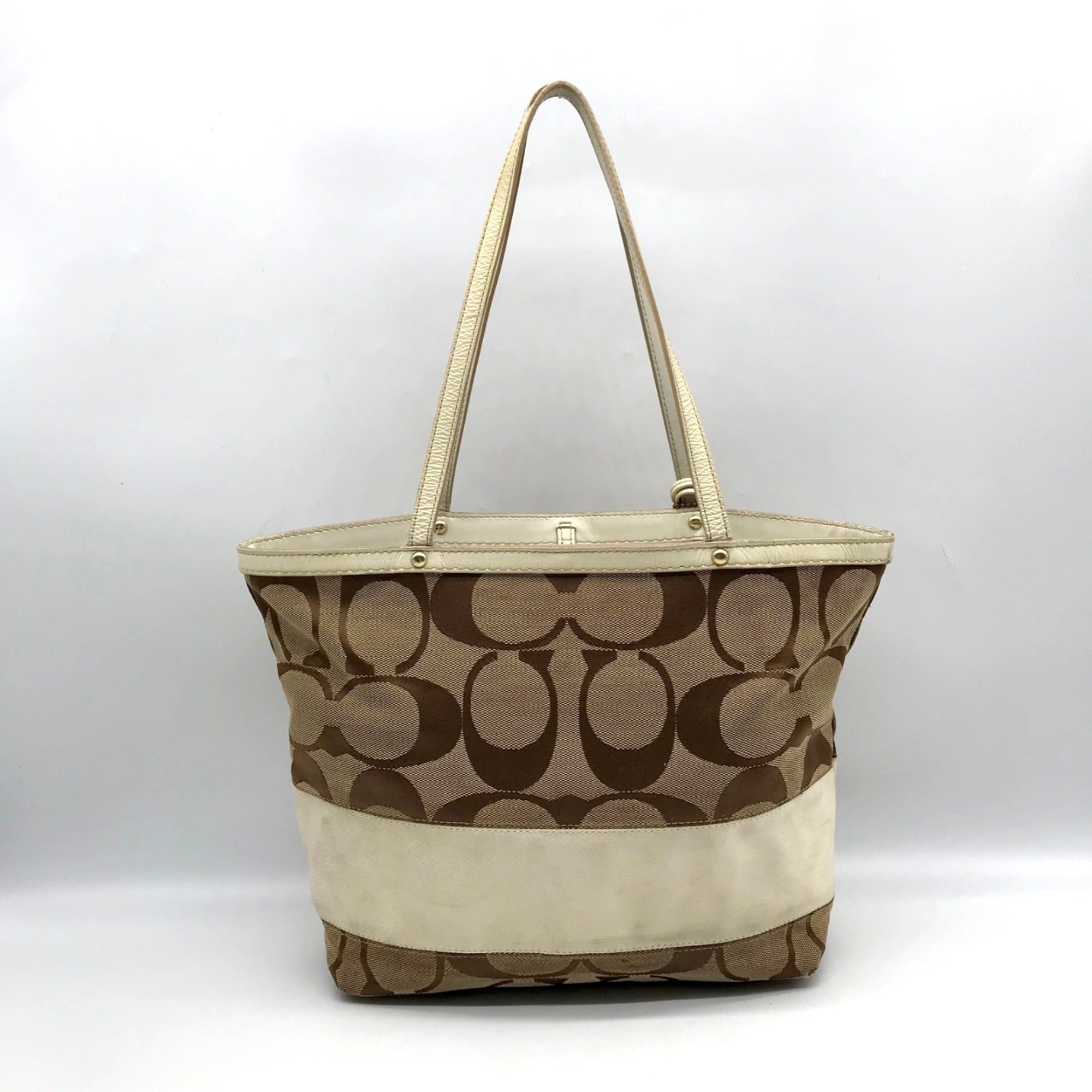 Coach Signature Jacquard Khaki &amp; Brown Stripe Tote 10124