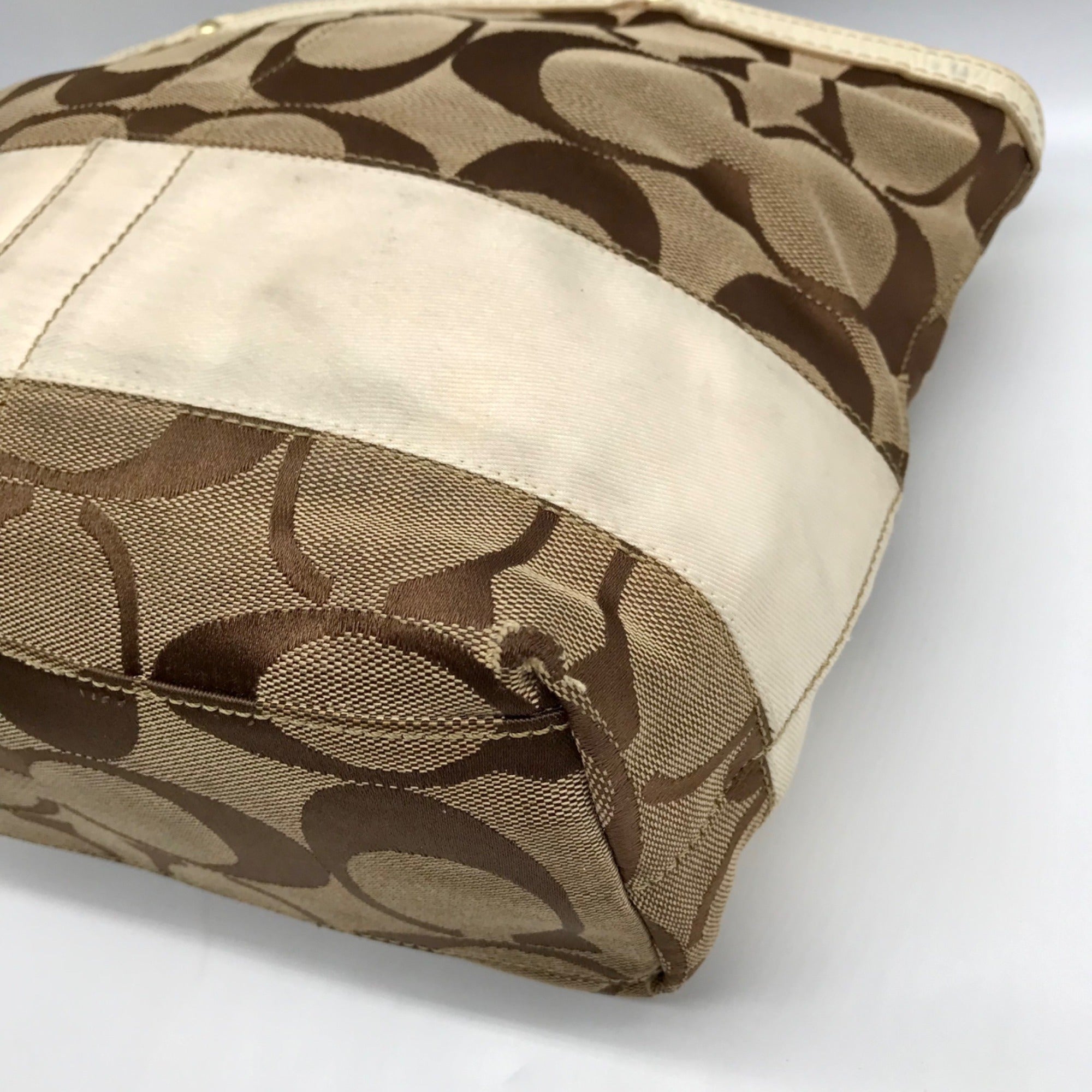 Coach Signature Jacquard Khaki &amp; Brown Stripe Tote 10124