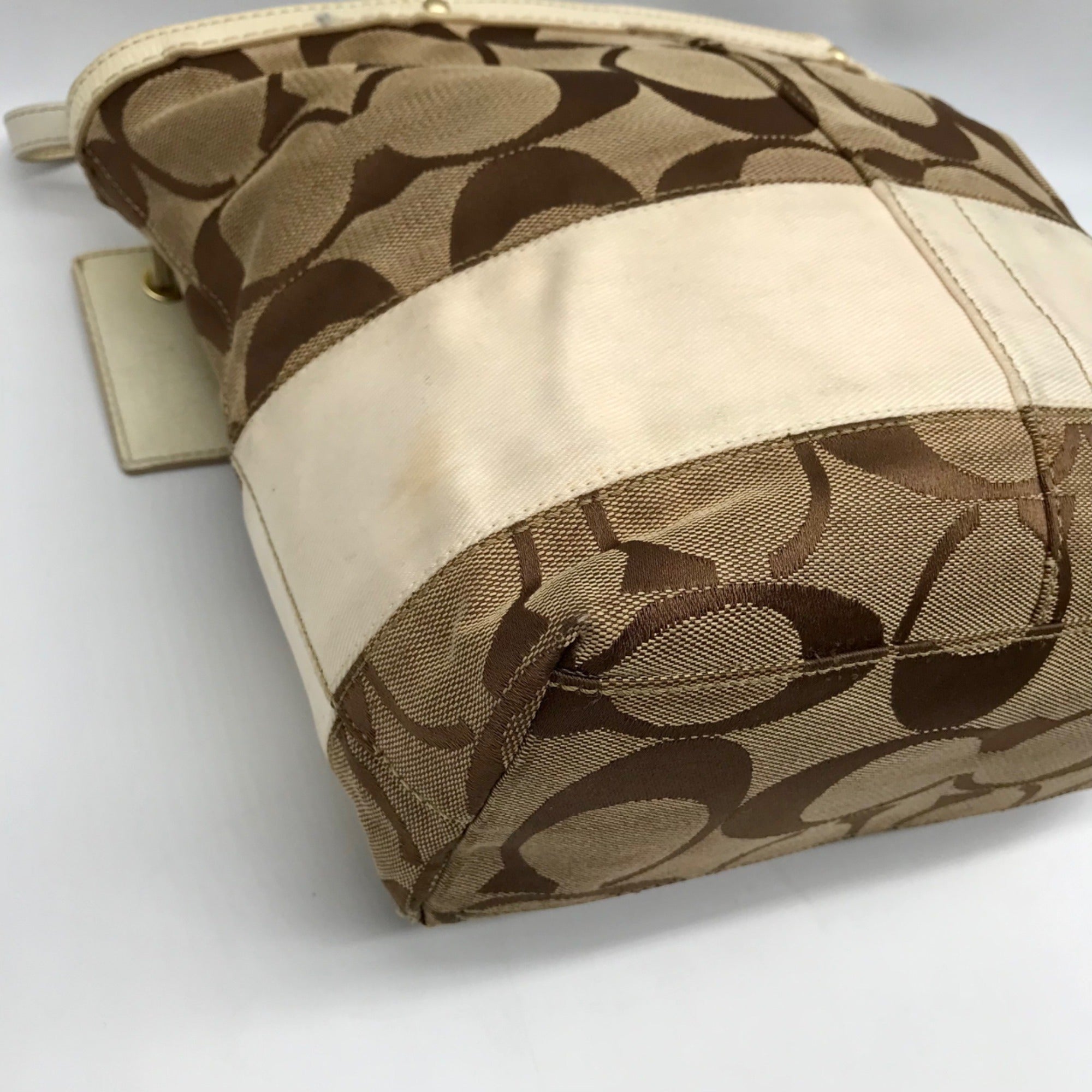 Coach Signature Jacquard Khaki &amp; Brown Stripe Tote 10124