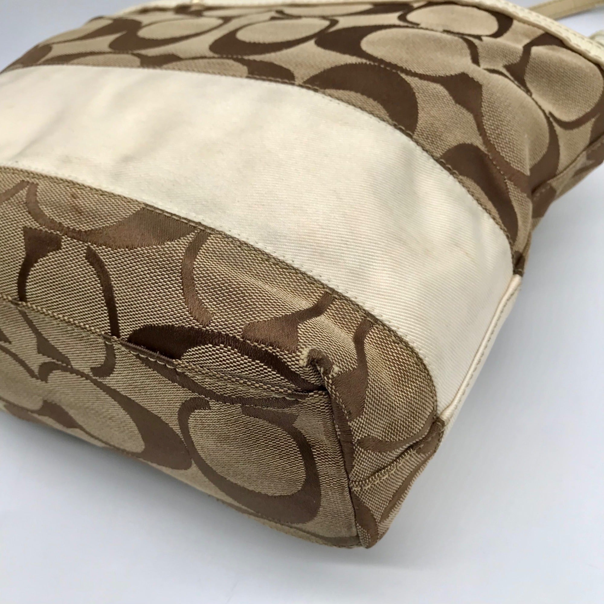 Coach Signature Jacquard Khaki &amp; Brown Stripe Tote 10124