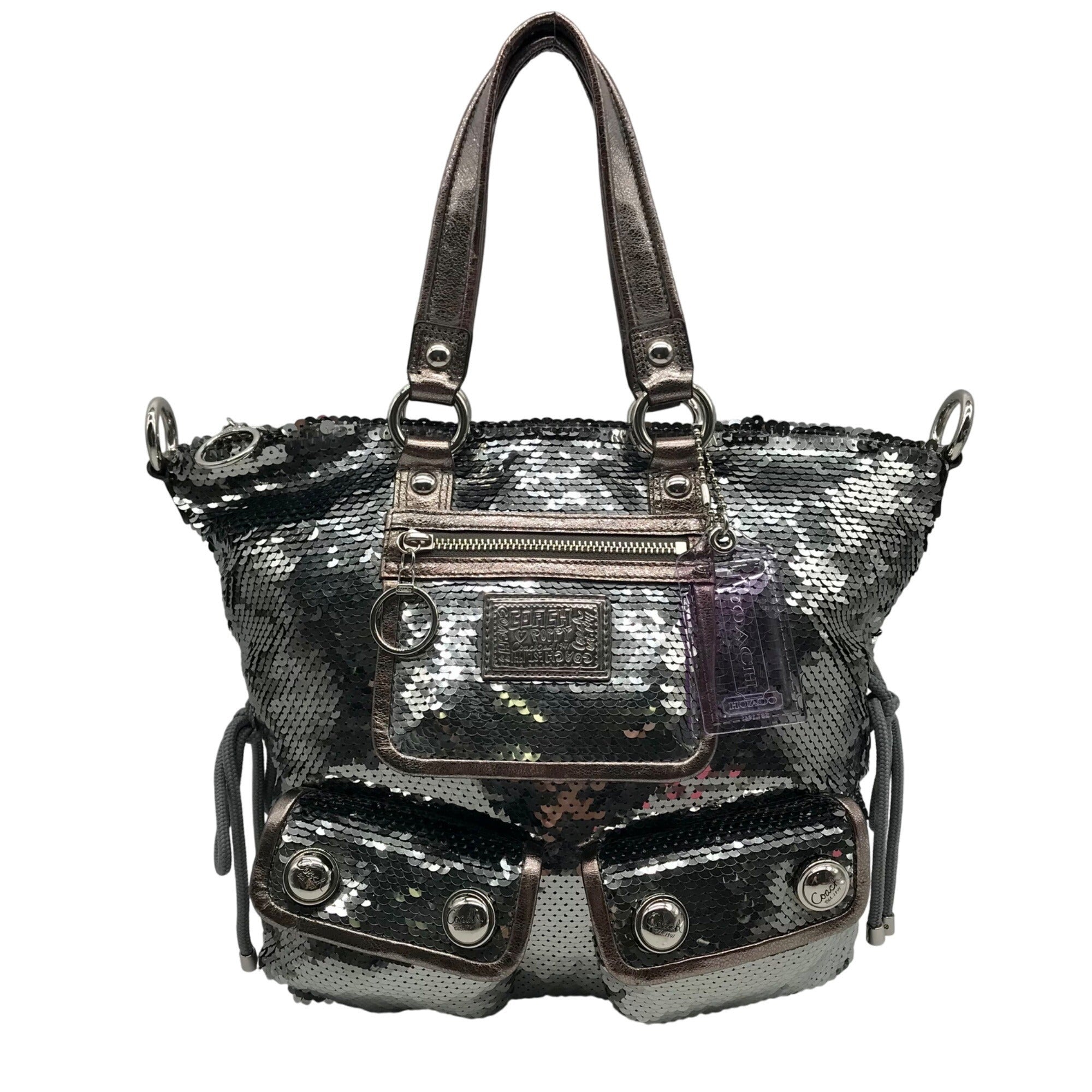 Coach Stone Gray Blue Poppy Sequin Spotlight Convertible Tote Bag 13821 