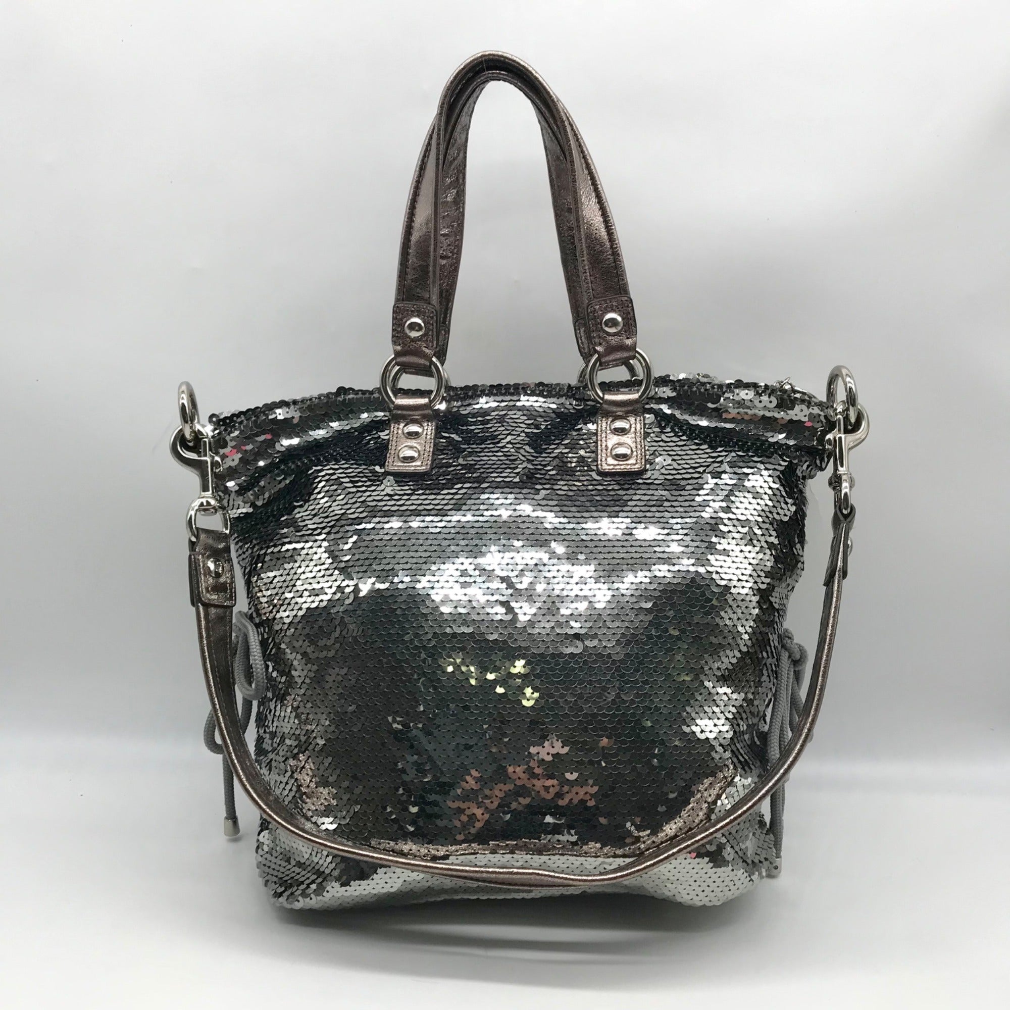 Coach Stone Gray Blue Poppy Sequin Spotlight Convertible Tote Bag 13821