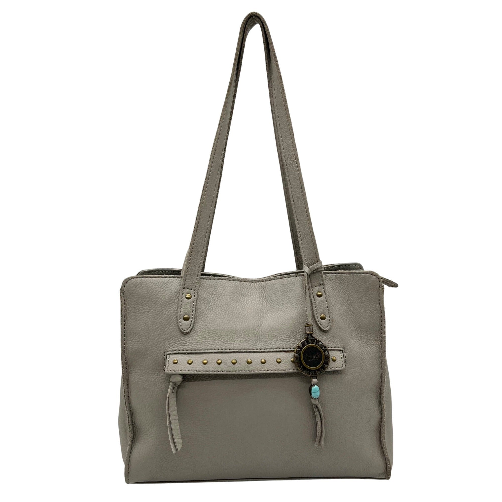 The Sak Gray Leather Tote Bag With Decorative Turquoise Stone Charm