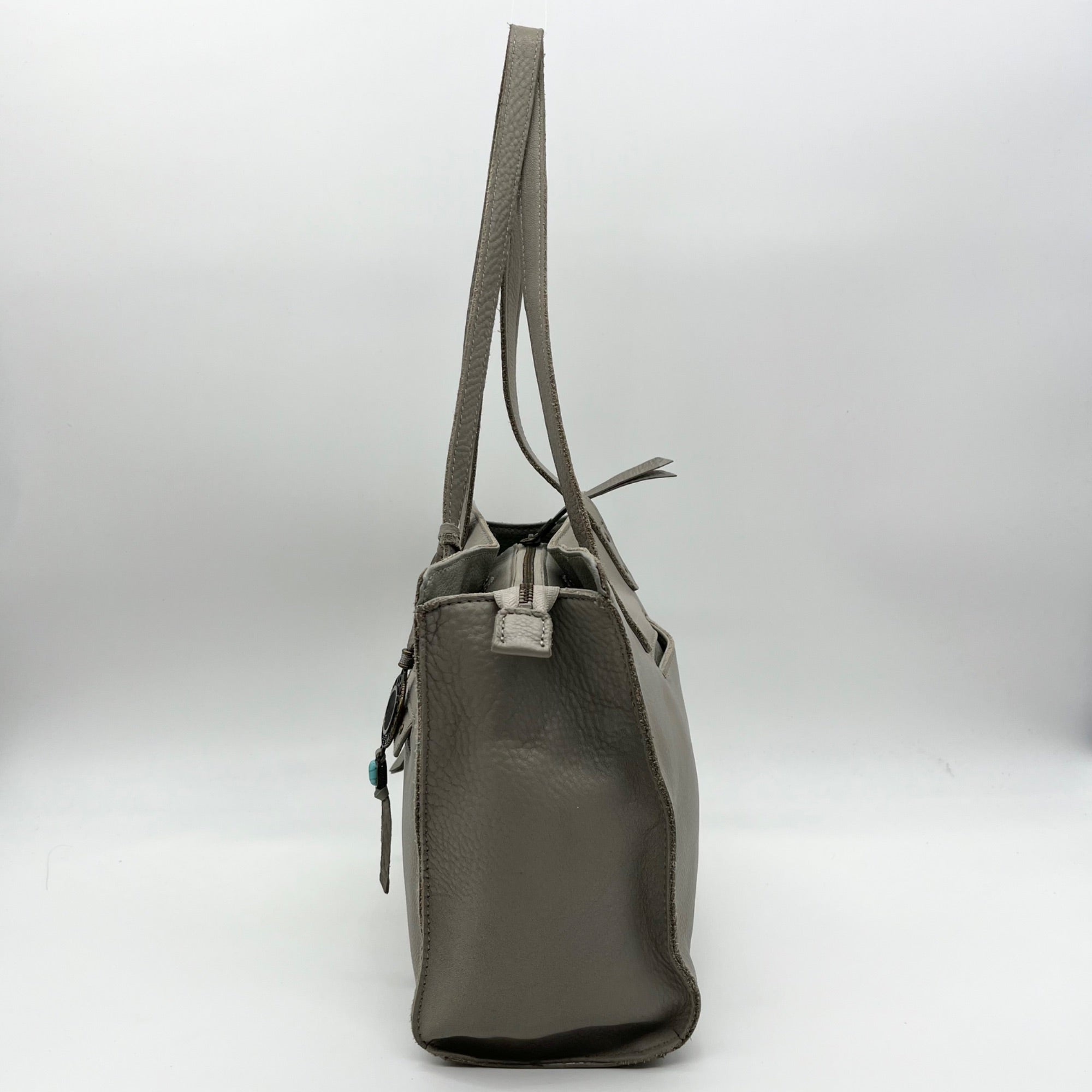 The Sak Gray Leather Tote Bag With Decorative Turquoise Stone Charm