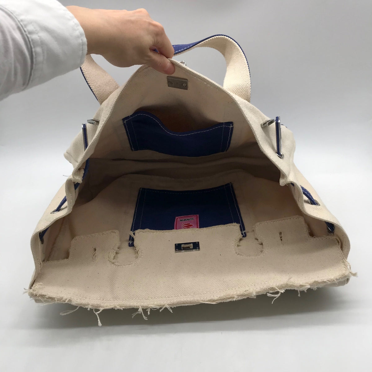 Sunwin Cream &amp; Blue Canvas Tote Bag