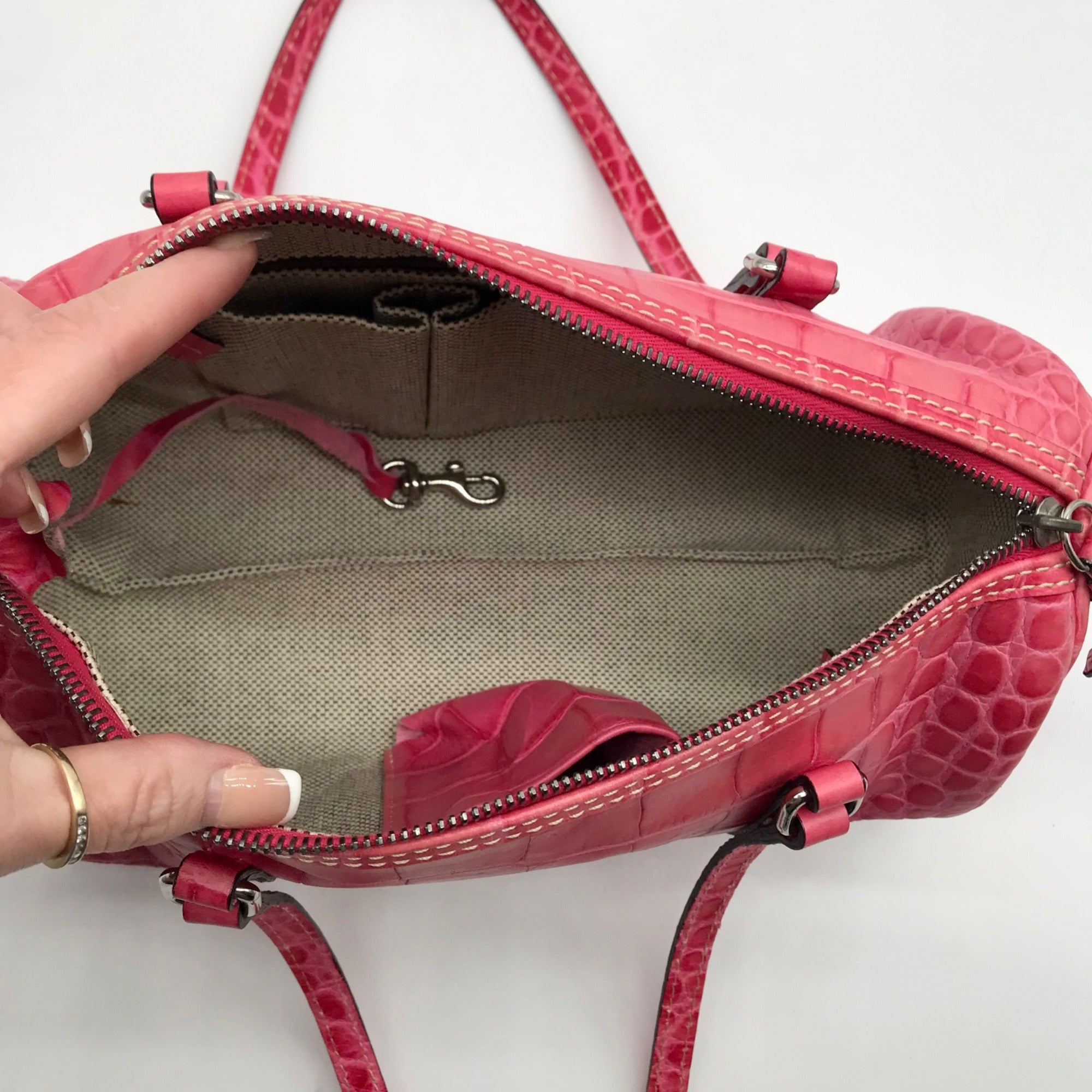 Brahmin Pink Croc Embossed Leather Nile Barrel Shoulder Bag