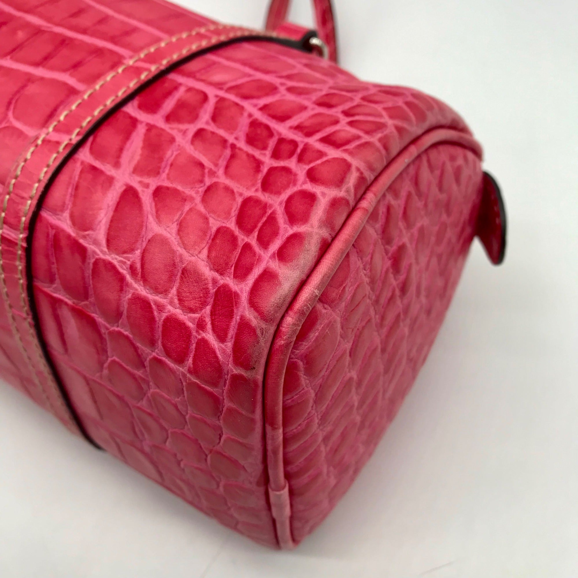 Brahmin Pink Croc Embossed Leather Nile Barrel Shoulder Bag