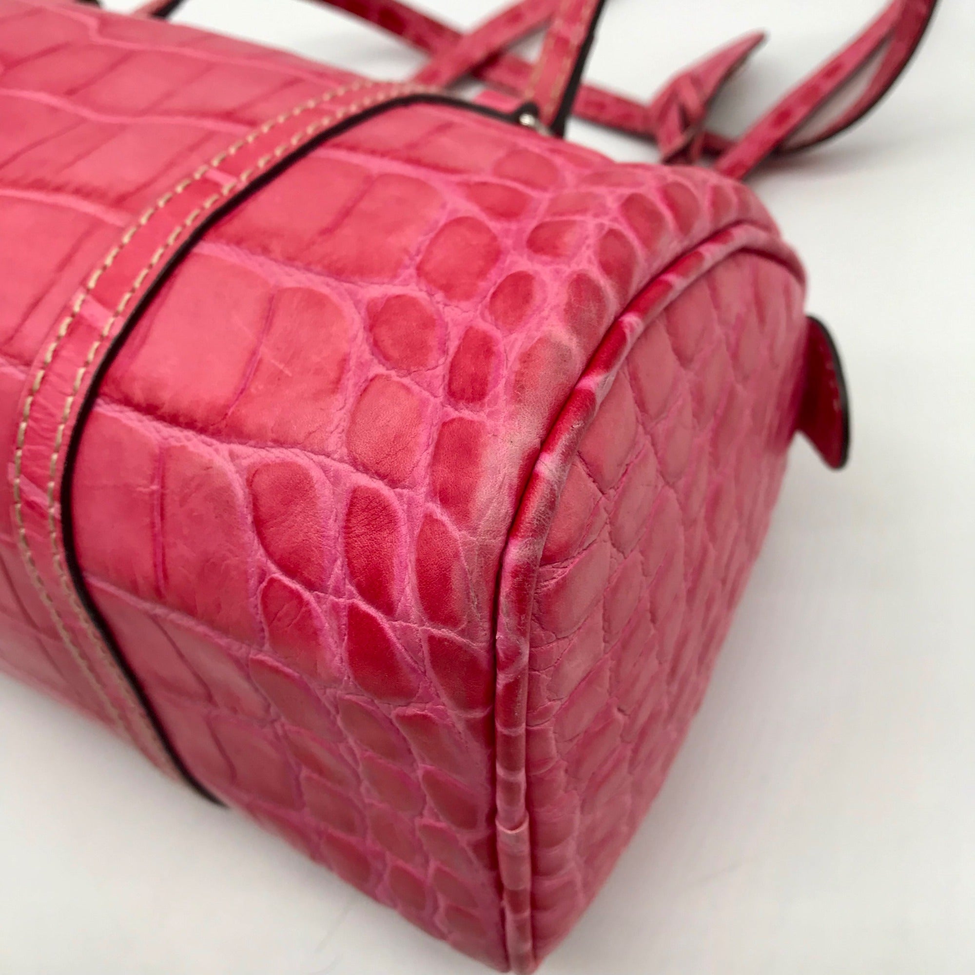 Brahmin Pink Croc Embossed Leather Nile Barrel Shoulder Bag